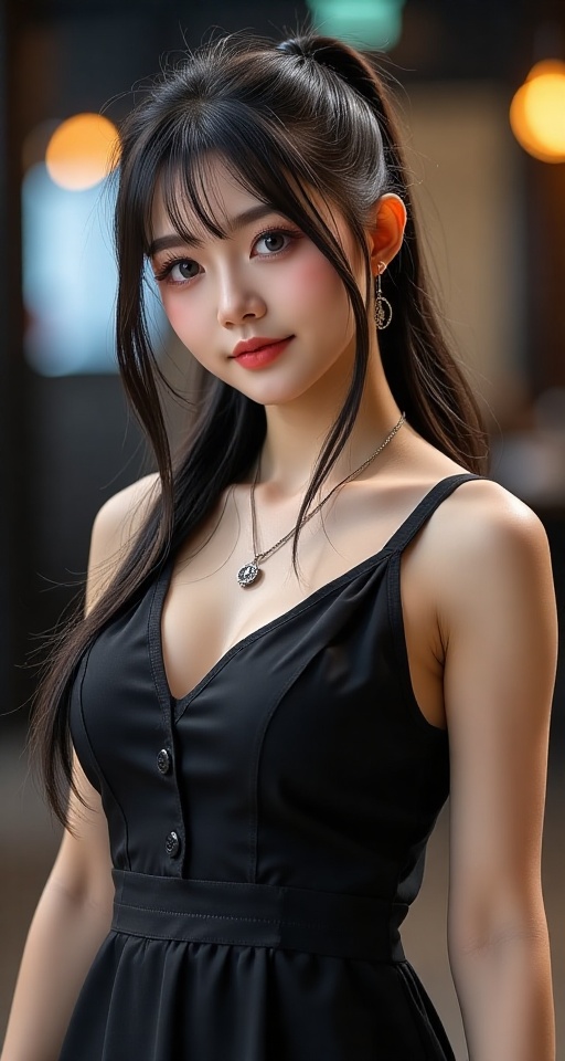 Create a realistic scene of a 1girl solo long hair looking at viewer black hair dress jewelry ponytail sleeveless necklace...