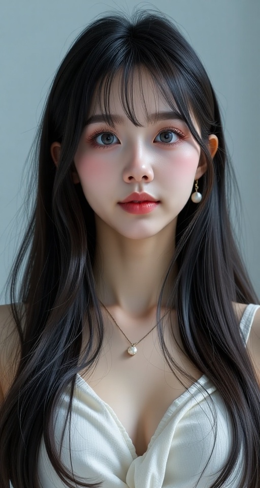 Create a realistic scene of a 1girl solo long hair looking at viewer bangs black hair heart black eyes lips portrait reali...