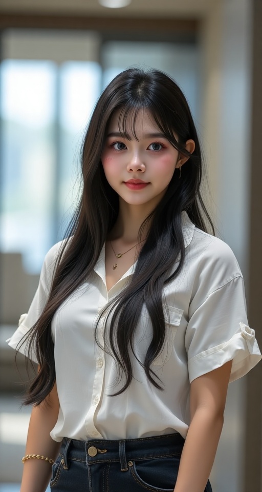 Create a realistic scene of a 1girl solo long hair looking at viewer shy shirt black hair jewelry upper body black eyes br...