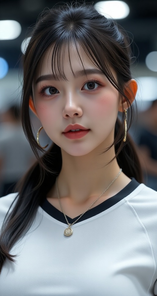 Create a realistic scene of a 1girl solo long hair shirt black hair jewelry white shirt upper body ponytail short sleeves...