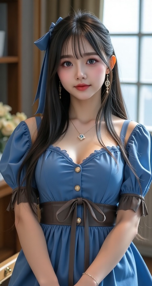 Create a realistic scene of a 1girl solo long hair looking at viewer bangs black hair dress bow ribbon holding jewelry upp...