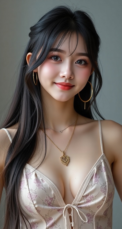 Create a realistic scene of a 1girl solo long hair looking at viewer smile black hair jewelry necklace black eyes head til...
