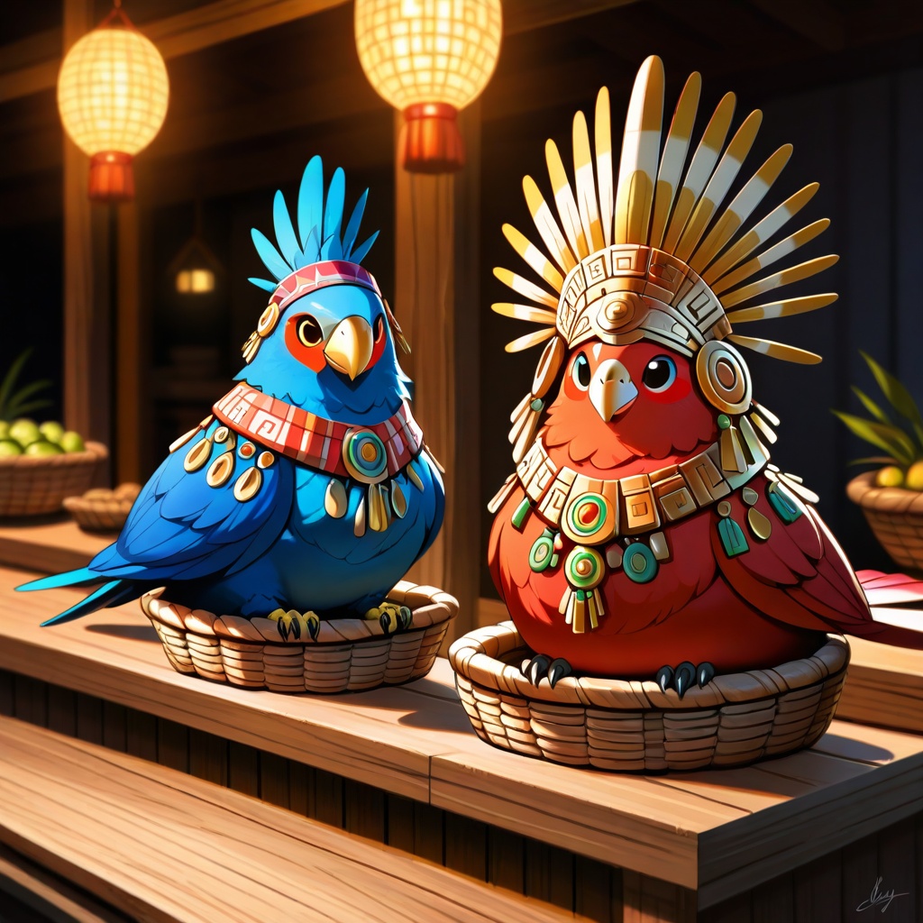 Aztec furry anthro shop keeper bird,  front-facing medium shot,  warm market lighting with golden ambient glow. Subject st...