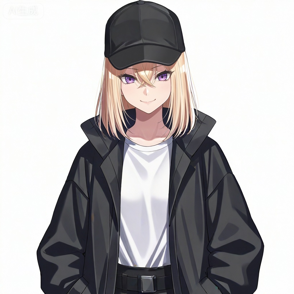 masterpiece, best quality,solo,white background,simple_background,Misumi Uika,cybersaki_style,blonde hair bangs,purple eyes,smile,medium hair,hair between eyes,white shirt,baseball cap,black coat,open coat,open clothes,jacket