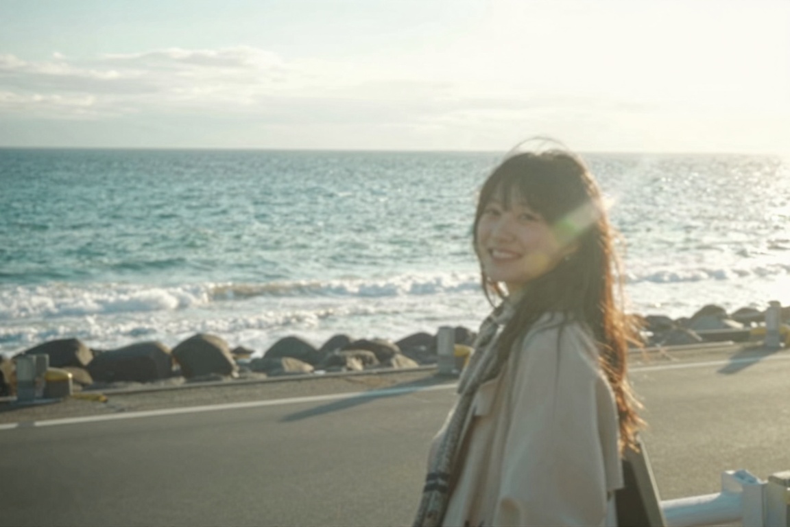 retrodigicam,  A dreamy digicam-style photo of a quiet seaside road in Japan,  running parallel to the ocean under soft af...