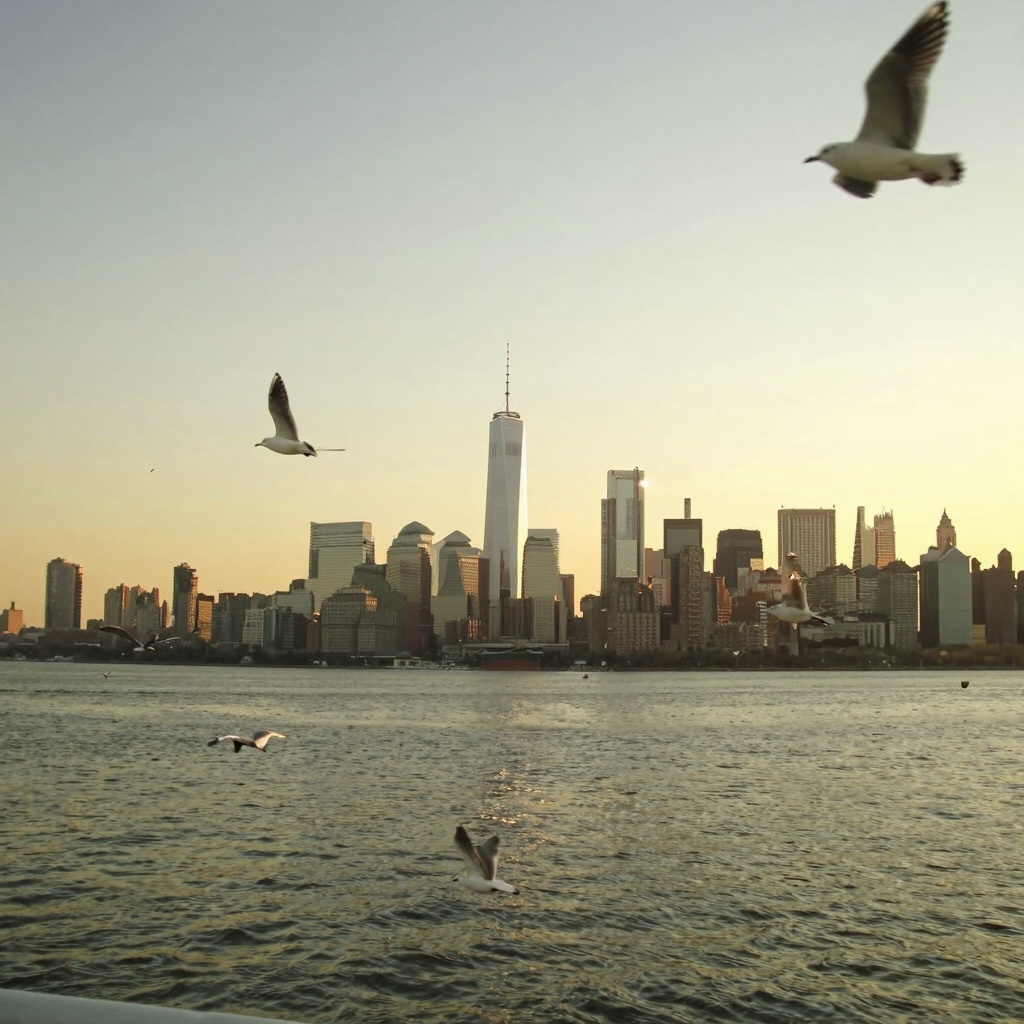 retrodigicam,  A digicam-style photo of the New York City skyline viewed from a boat in the middle of the sea,  with the c...