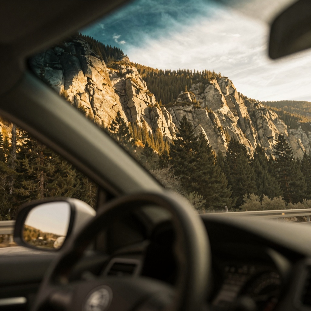 retrodigicam,  A cinematic snapshot taken from inside a car,  looking out through the windshield toward sunlit mountains a...