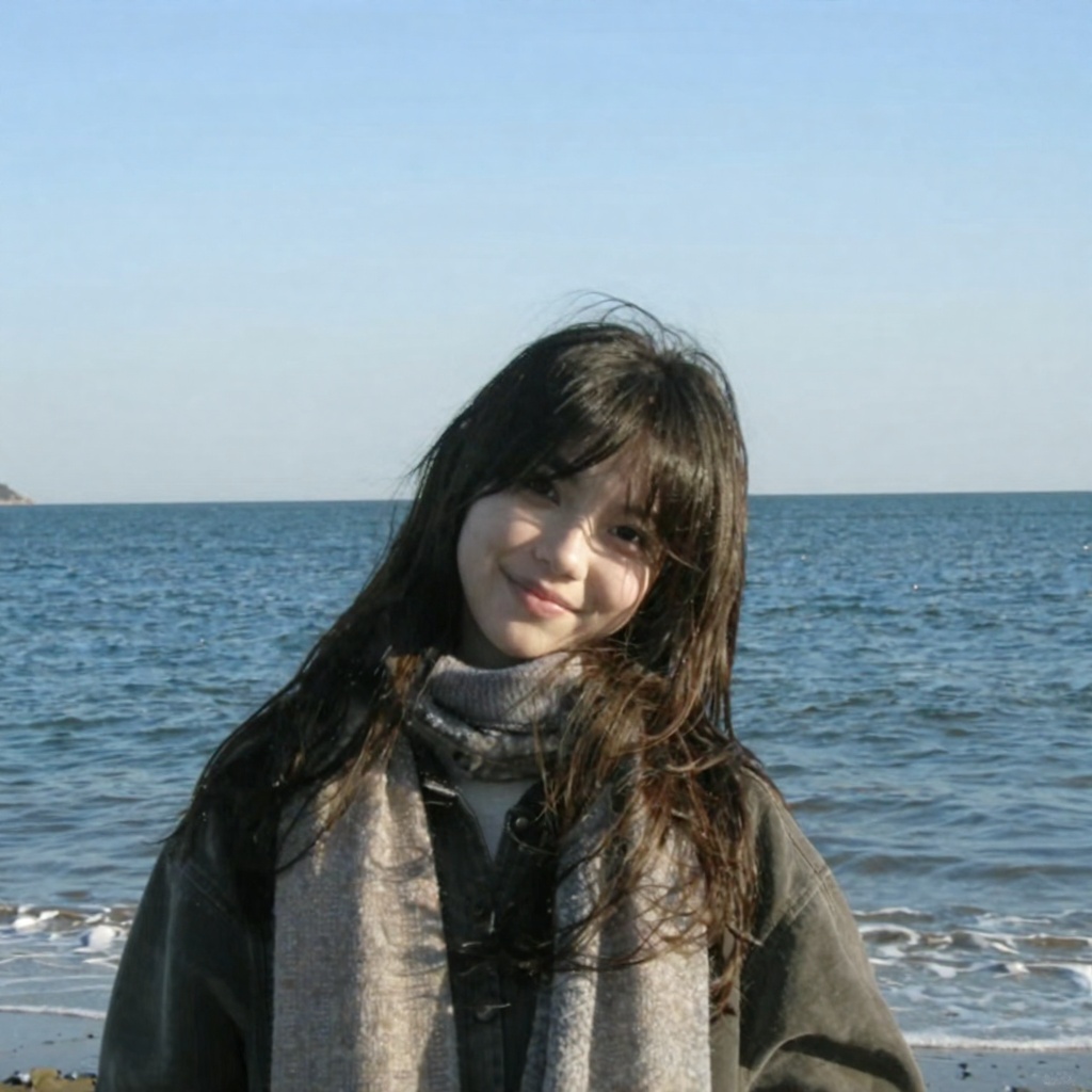 retrodigicam,  A candid digicam-style photo of a young woman standing by the seaside,  framed from the upper body on Tenso...