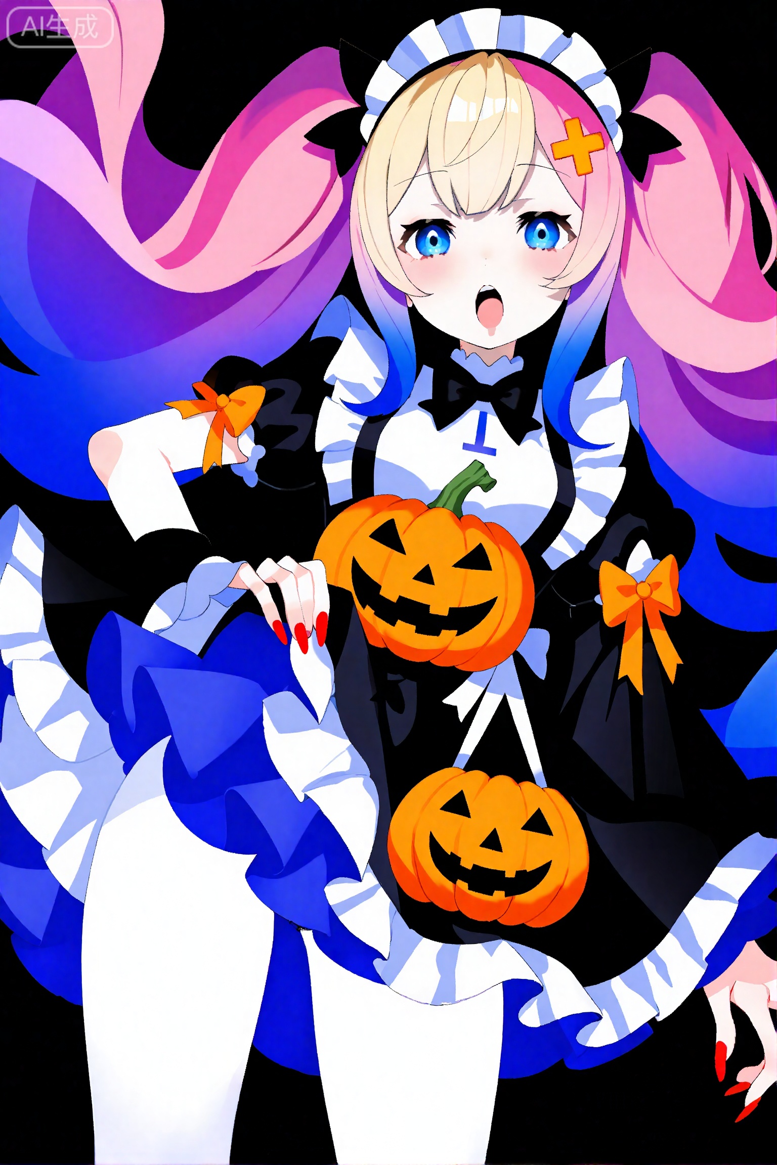 1girl, solo, halloween, quad tails, red nails, long hair, open mouth, multicolored hair, blue hair, chouzetsusaikawa tenshi-chan, dress, looking at viewer, pink hair, frills, blue eyes, long sleeves, pantyhose, twintails, halloween costume, hand on own hip, very long hair, nail polish, maid headdress, multicolored nails, nurse cap, black dress, jack-o'-lantern, cross, official alternate costume, white pantyhose, hair ornament, blonde hair, alternate costume, blush, cowboy shot, bow, frilled dress, breasts, holding, lolita fashion