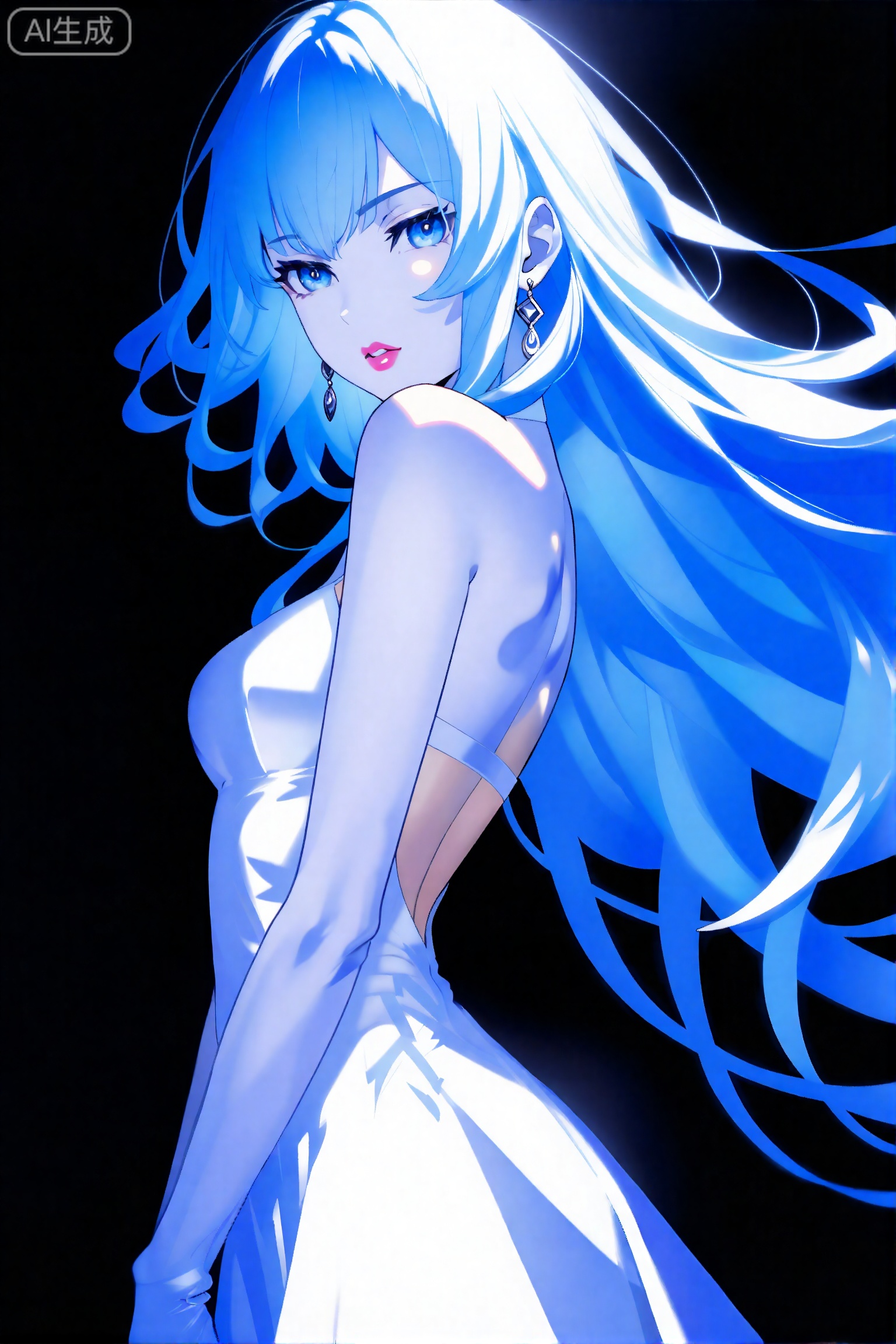1girl, solo, long hair, breasts, dress, gloves, bare shoulders, looking at viewer, blue hair, black gloves, very long hair, looking back, backless outfit, white dress, parted lips, backless dress, jewelry, blue eyes
