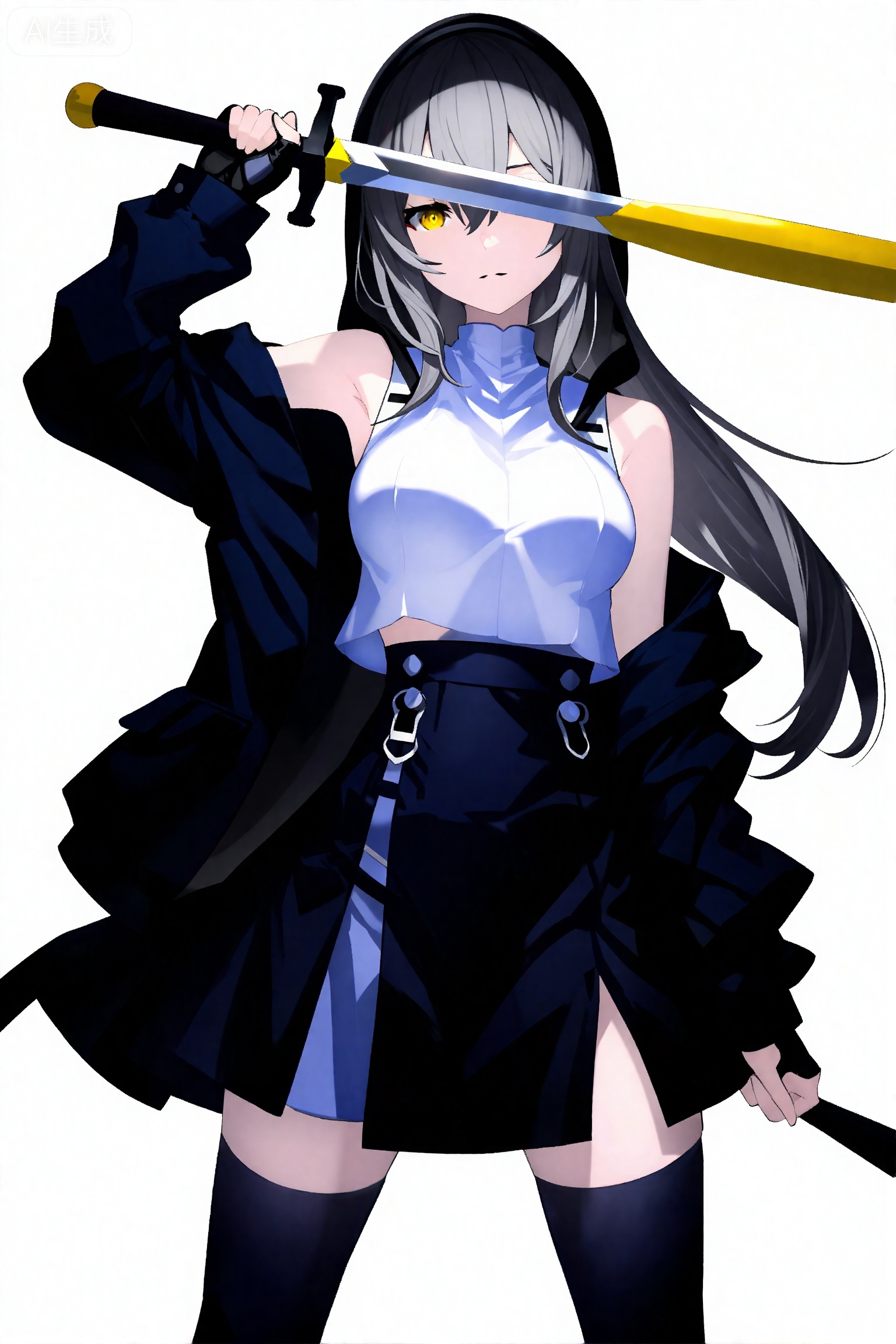 1girl, stelle \(honkai: star rail\), trailblazer \(honkai: star rail\), yellow eyes, black gloves, solo, gloves, shirt, white shirt, jacket, grey hair, holding, black jacket, skirt, weapon, holding weapon, black skirt, looking at viewer, long hair, open jacket, sword, closed mouth, open clothes, holding sword, hair between eyes, medium hair, baseball bat, long sleeves, holding baseball bat
