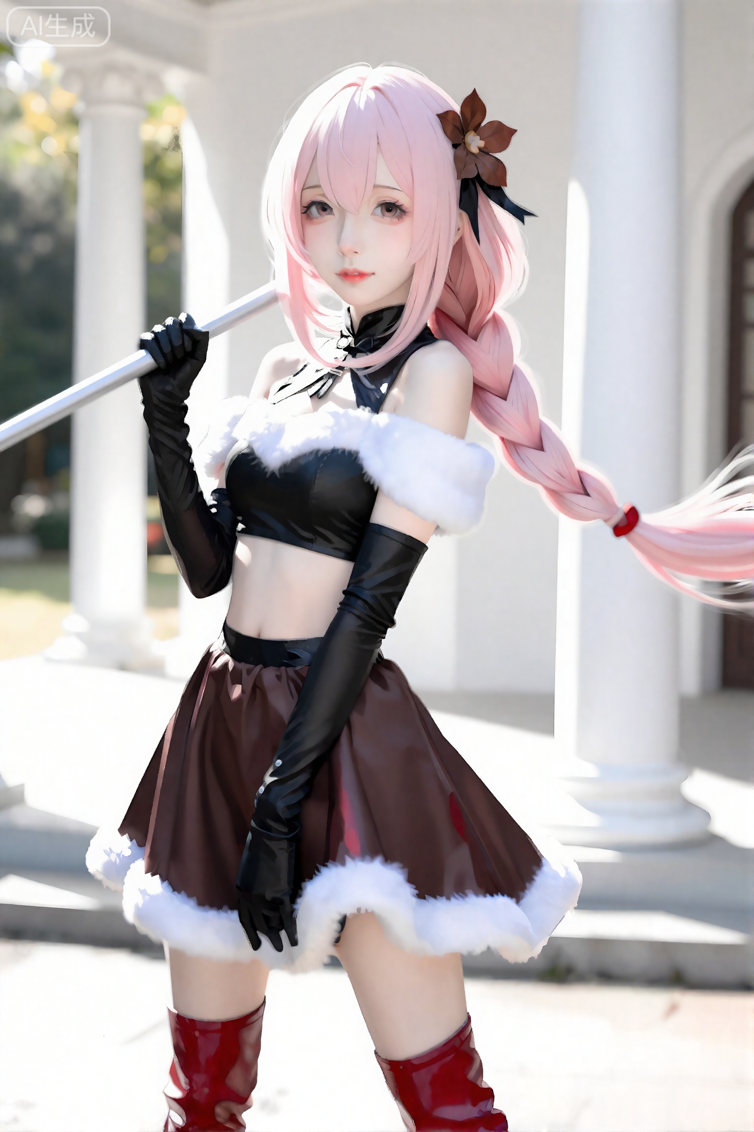 This photograph features a young woman in a cosplay outfit, posing outdoors in front of a white, classical-style building with columns. She has long, pastel pink hair styled in a side braid with a large, brown flower accessory on the right side. Her skin is fair, and she has a delicate, youthful face with light makeup emphasizing her eyes and lips.

She is wearing a black, off-the-shoulder crop top with white fur trim around the neckline and a short, dark brown skirt with a white fur trim at the bottom. Her outfit is complemented by thigh-high, dark red leather boots and black fingerless gloves. She is holding a long, silver staff with her right hand, which is positioned diagonally across her body.

The background includes a blurred view of greenery and the white columns of the building, suggesting a well-maintained, possibly historic, outdoor setting. The lighting is bright and natural, casting soft shadows and highlighting the pastel colors of her hair and outfit. The overall style of the photograph is soft-focused with a slight dreamy quality, emphasizing the subjects delicate features and the pastel color palette of her cosplay.