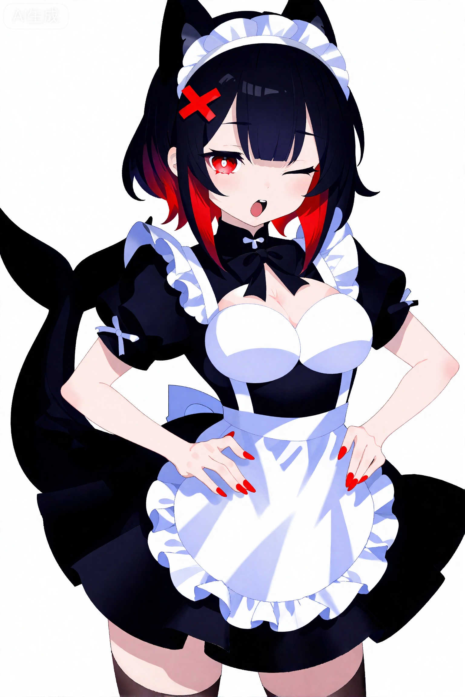 1girl, black hair, maid, maid headdress, red eyes, one eye closed, breasts, solo, tail, fins, fish tail, open mouth, dress, short sleeves, shark tail, multicolored hair, short hair, black dress, looking at viewer, mole under eye, apron, mole, red nails, red hair, x hair ornament, hair ornament, large breasts, pantyhose, nail polish, fang, hand on own hip, frills, maid apron