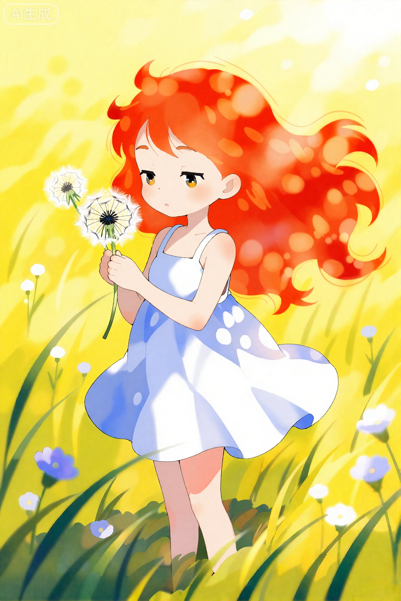 A girl with fiery red hair, wearing a cute sundress and holding a handful of dandelions, standing in a sunny field with a gentle breeze rustling the grass and flowers around her. The scene should capture the playful and carefree spirit of Sakimichan, with warm colors and a soft, dreamy quality that evokes a sense of nostalgia and wonder. Traditional painting, watercolor style, (shen ming shao nv)