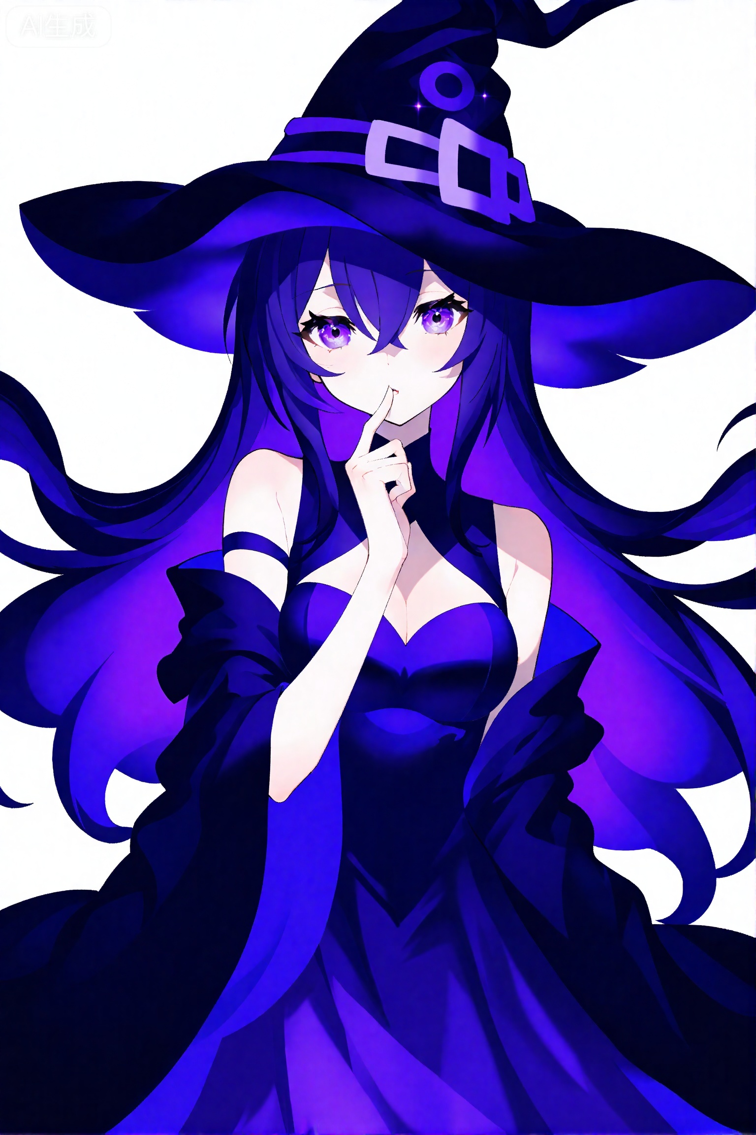 1girl, solo, hat, witch hat, long hair, purple eyes, breasts, detached sleeves, looking at viewer, dress, purple theme, bare shoulders, sparkle, picture frame, cleavage, finger to mouth, wide sleeves, witch