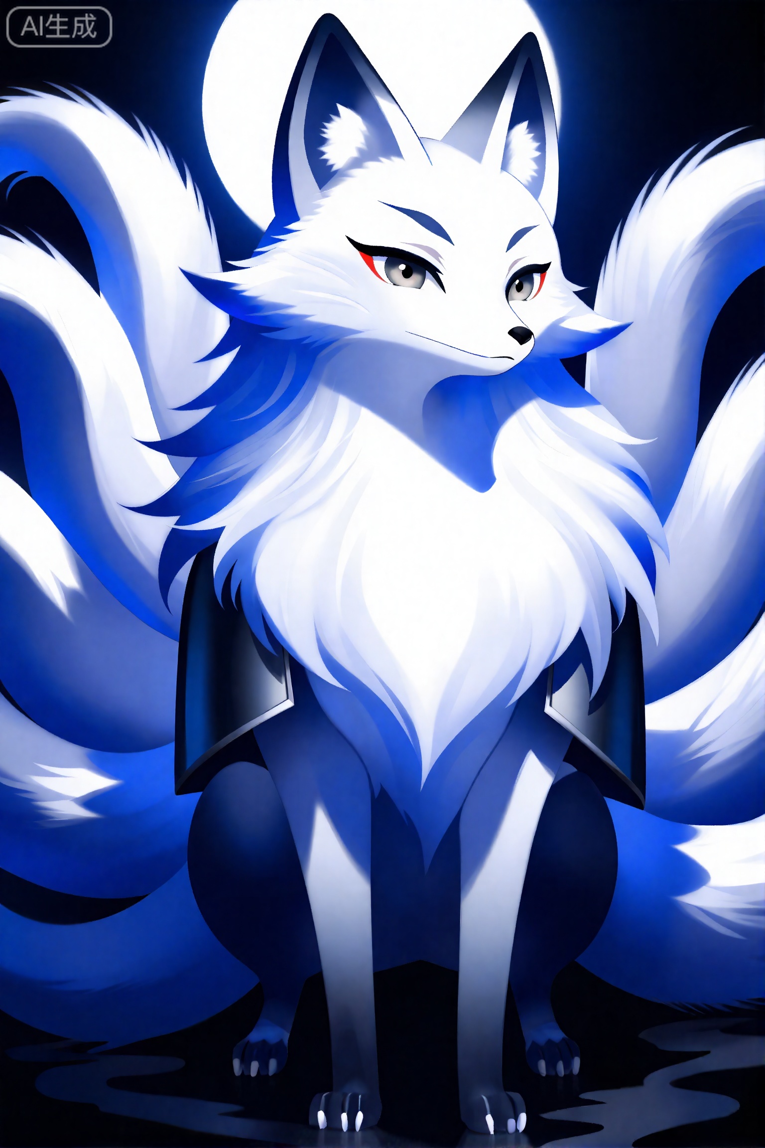  (Realistic picture, HD quality, 8K quality, Film quality, detail, beautiful picture, beautiful detail, detailed detail, beautiful face, beautiful features, wmchahua, illustration, oversized animal,),
(Nine-tailed fox, white, moon),(solo),huge,cute,with armor,(full body:1.2),oversizedanimal,