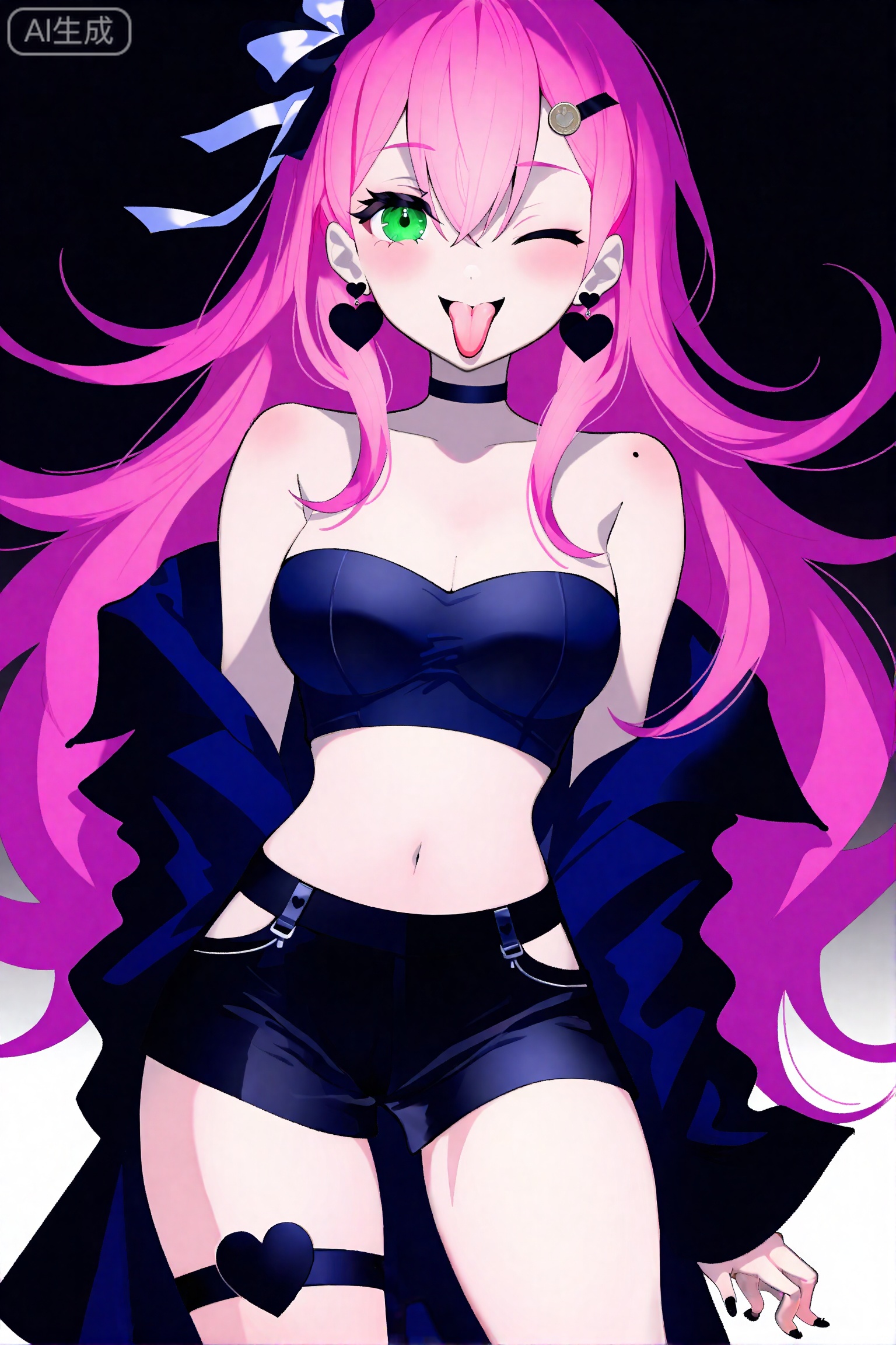 1girl, pink hair, one eye closed, long hair, green eyes, solo, two side up, crop top, shorts, boots, breasts, v, hair ornament, tongue out, looking at viewer, tongue, black ribbon, ribbon, hair ribbon, heart earrings, midriff, bare shoulders, hairclip, coin, tube top, earrings, mole, single thighhigh, cutoffs, jewelry, thighs, shoulder cutout, long sleeves, thighhighs, thigh strap, large breasts, black shorts, heart, smile, strapless, high heel boots, ass, mole under eye, nail polish, very long hair, blush, short shorts, jacket, high heels