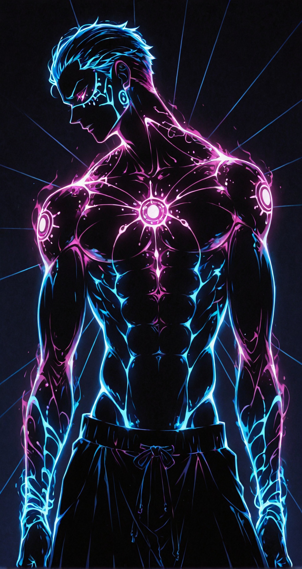 ***** male,  neon-lit warrior silhouette,  muscular form in shadow on Tensor.Art