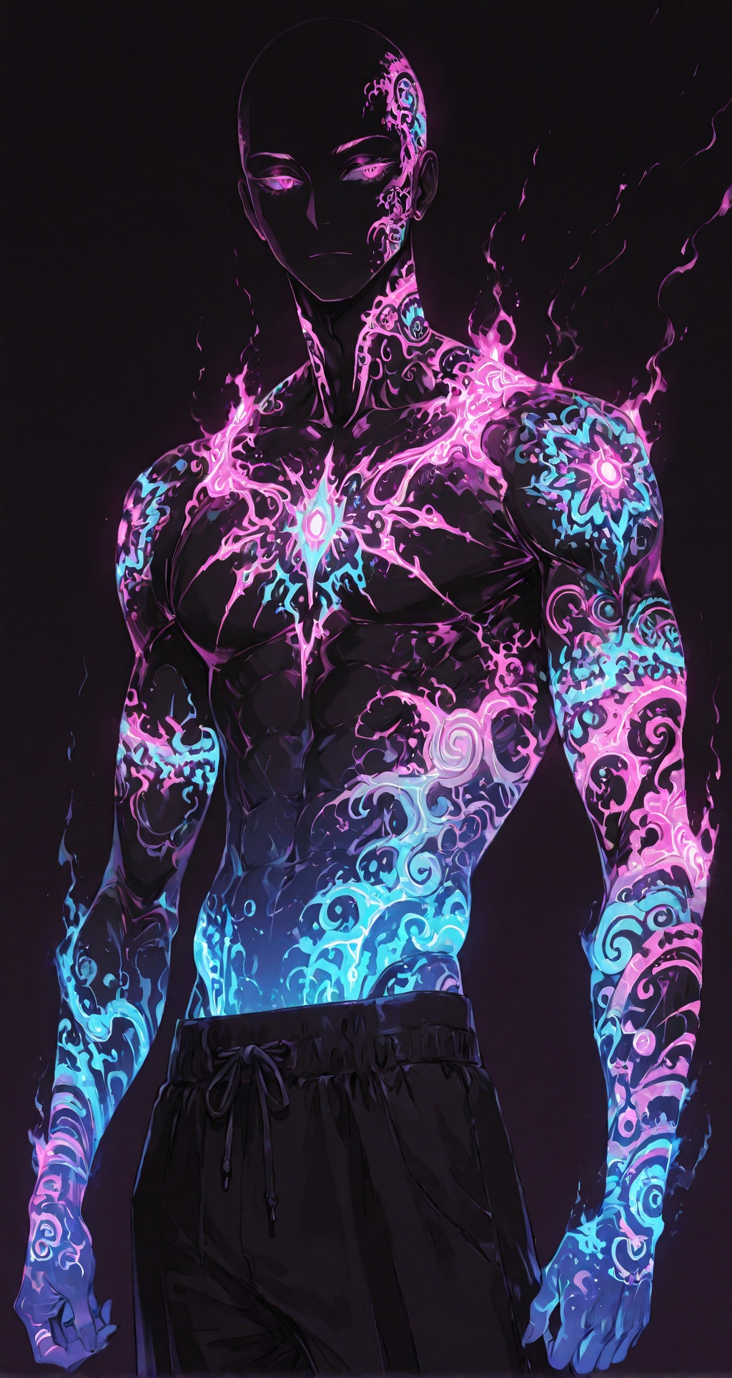 ***** male,  neon-lit warrior silhouette,  muscular form in shadow on Tensor.Art