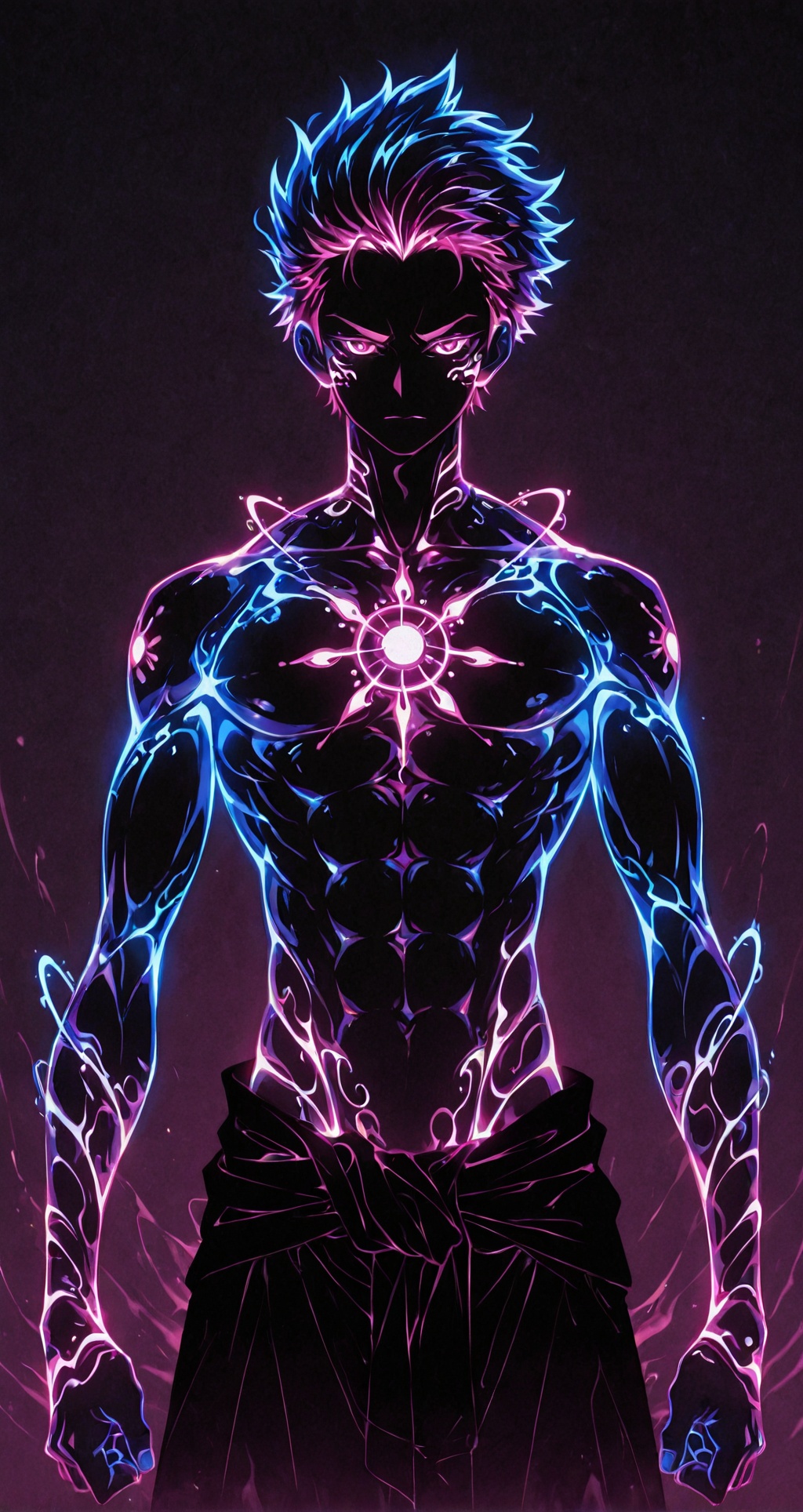 ***** male,  neon-lit warrior silhouette,  muscular form in shadow on Tensor.Art