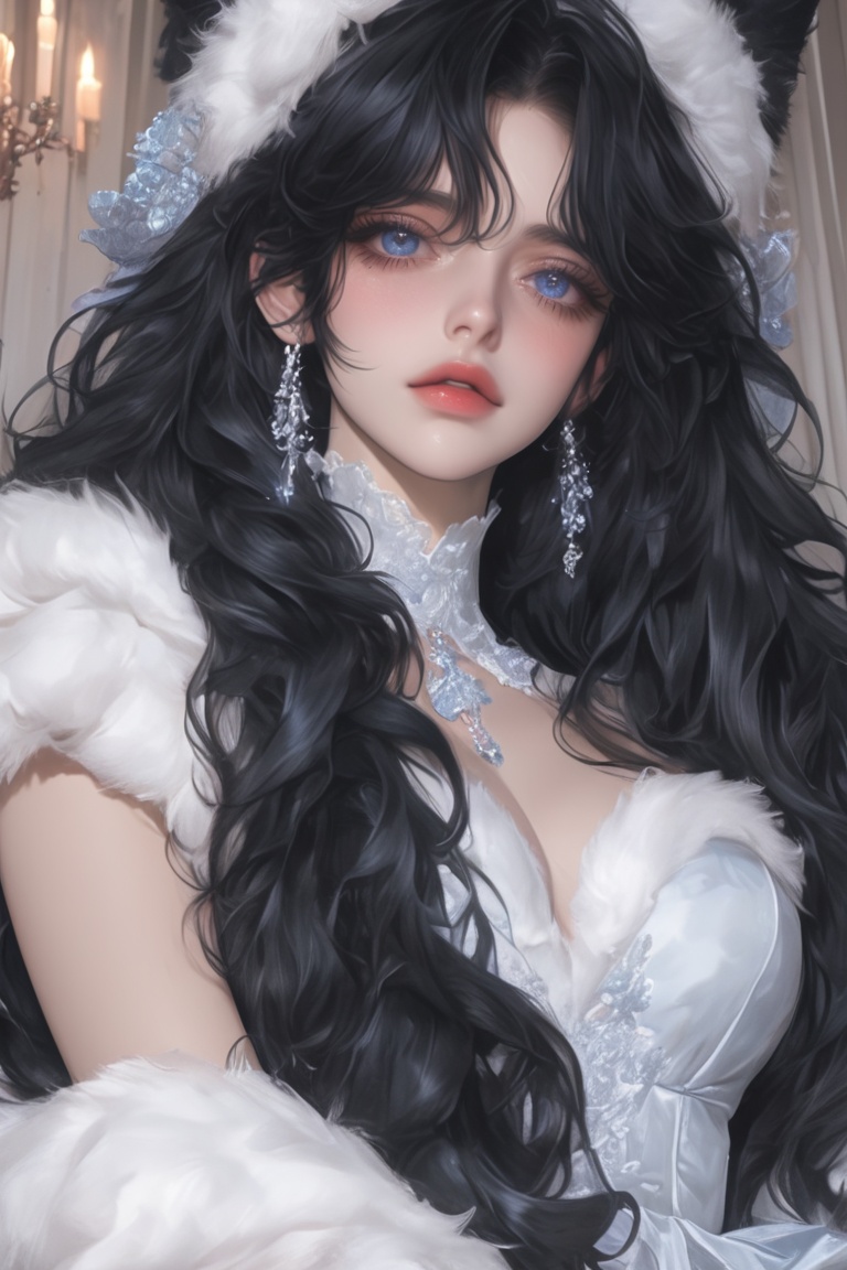 1woman,  white curly black long hair,  blue eyes on Tensor.Art