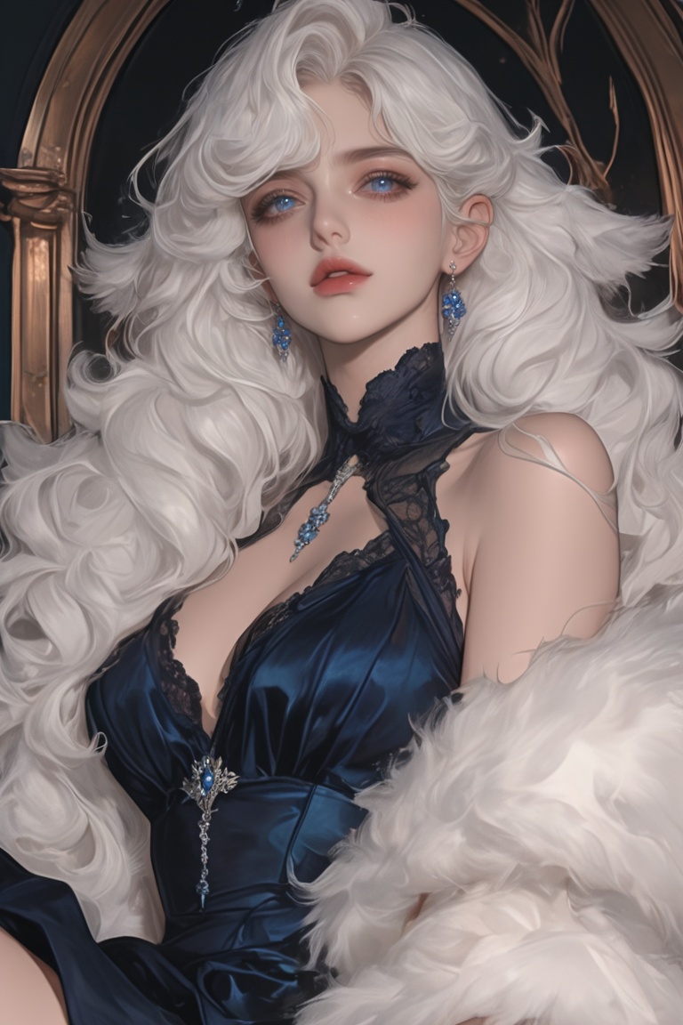 1woman,  white curly black long hair,  blue eyes on Tensor.Art