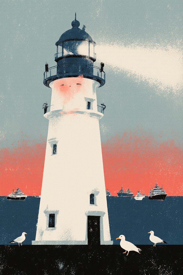 A cinematic comic illustration of a tall lighthouse blushing faintly as its beam hesitates to turn on,  while distant ship...