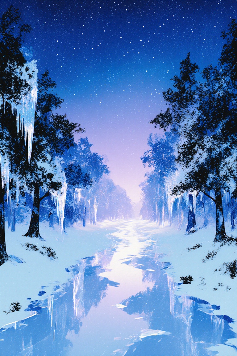 Create a cinematic comic illustration of a frozen path,  set in a serene winter landscape. The path winds through a tranqu...