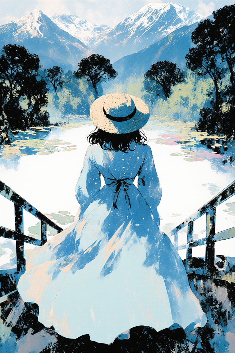 A cinematic comic illustration of a close-up image above a white waterlily lake,  on the bridge a woman from behind wearin...
