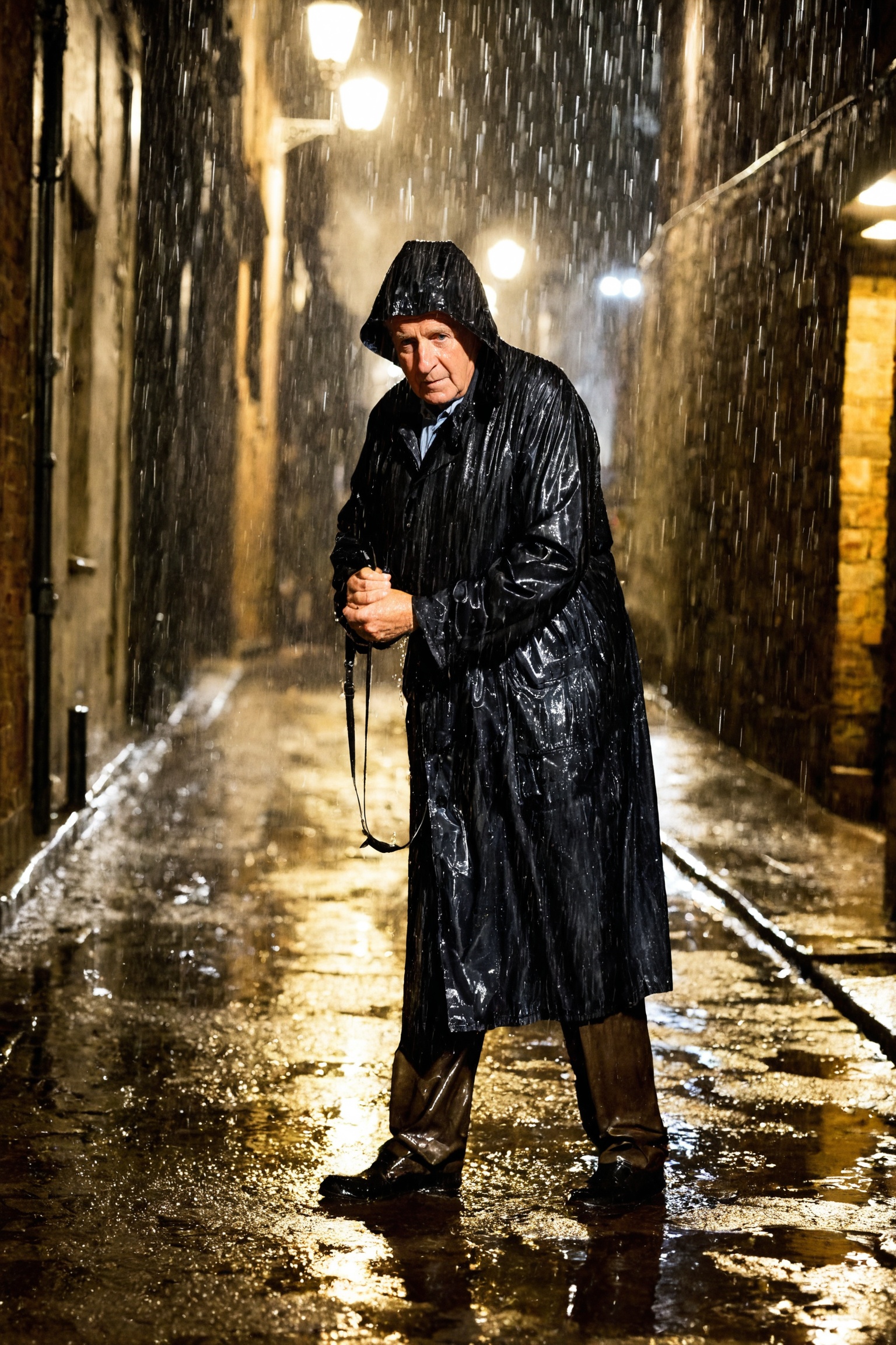 Editorial photograph at night medium shot of an 70 year old man drenched in rain wearing a rain coat wet in an alley way o...
