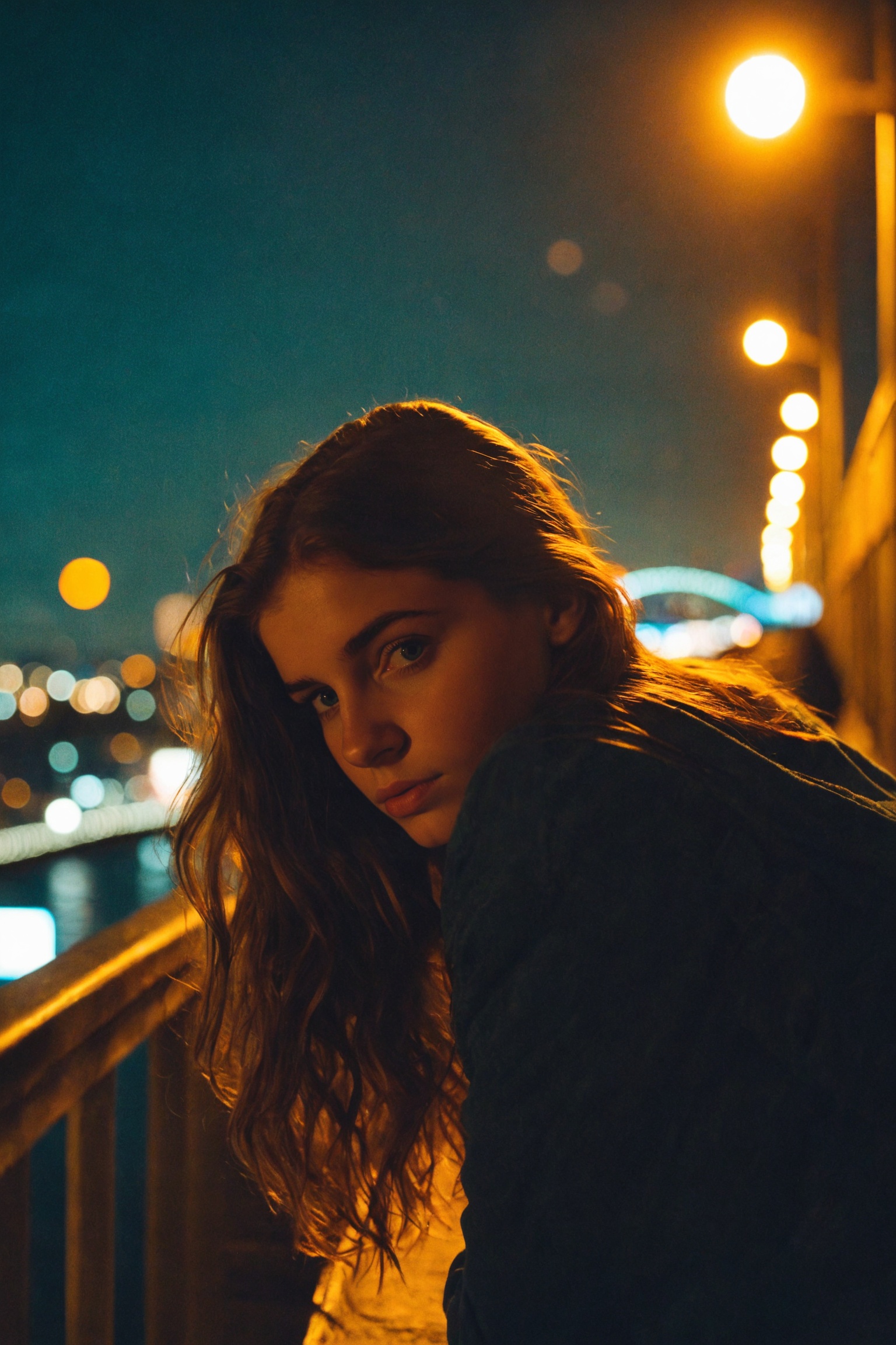 A cinematic,  film-like nighttime portrait shows a young 20 year old girl leaning over a bridge,  looking back toward the...