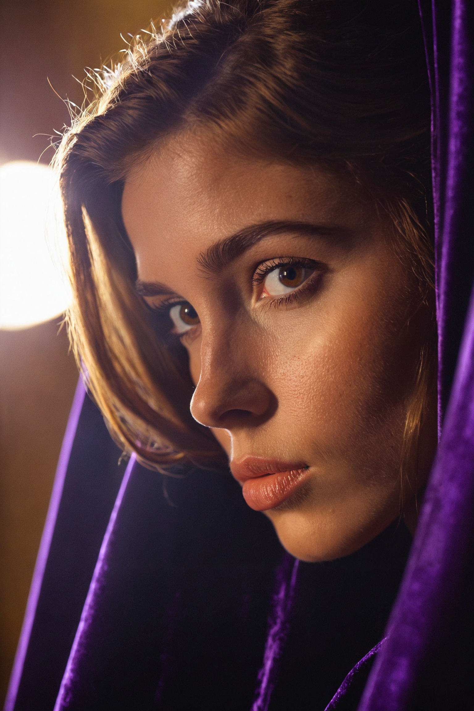 Large format cinema photography,  medium shot portrait framing of an elegant 20 year old woman,  with an intense on Tensor...
