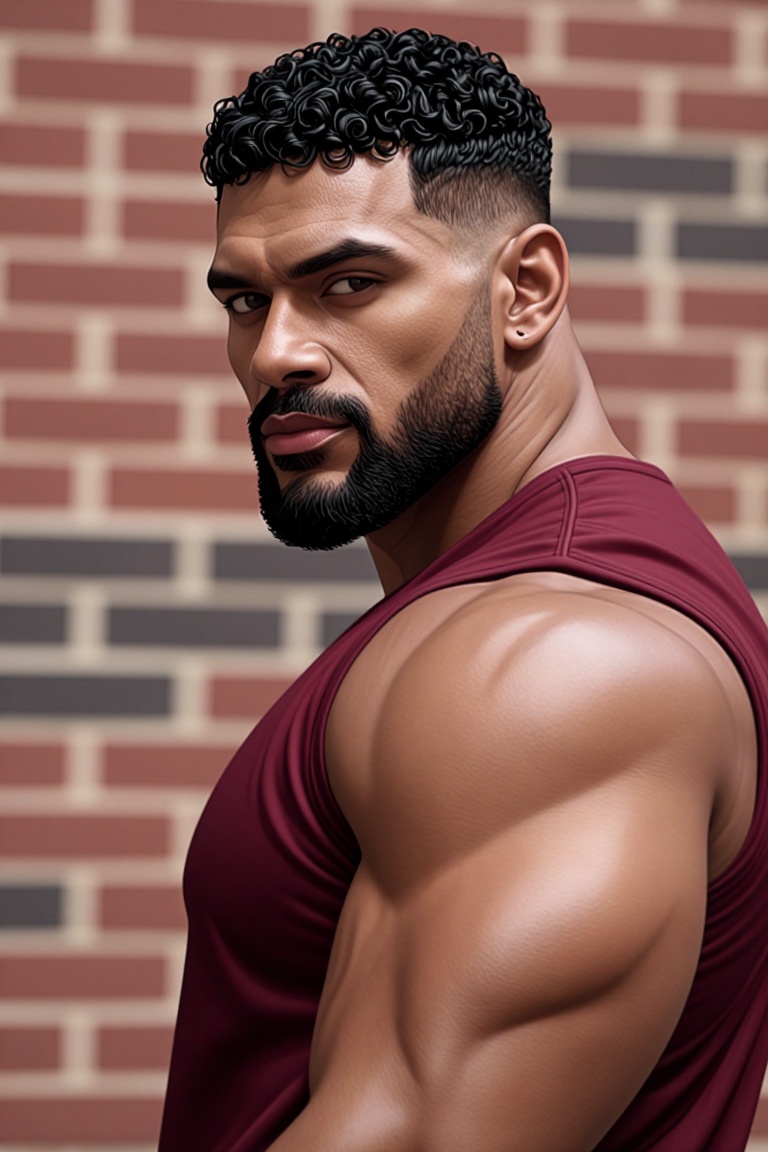 The image shows a black man with short,  curly black hair and a neatly trimmed beard. They are wearing a maroon-colored sh...