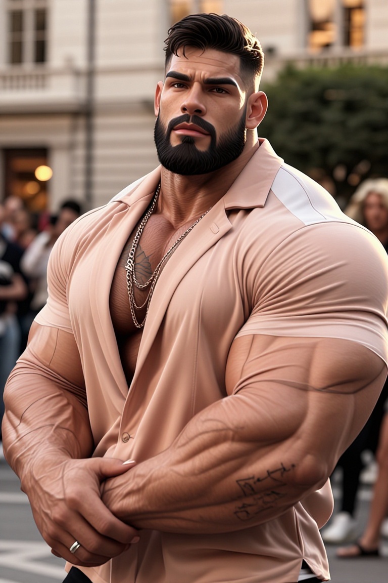 The image shows a person wearing a light peach-colored shirt with white accents on the shoulders. The person has a short,...