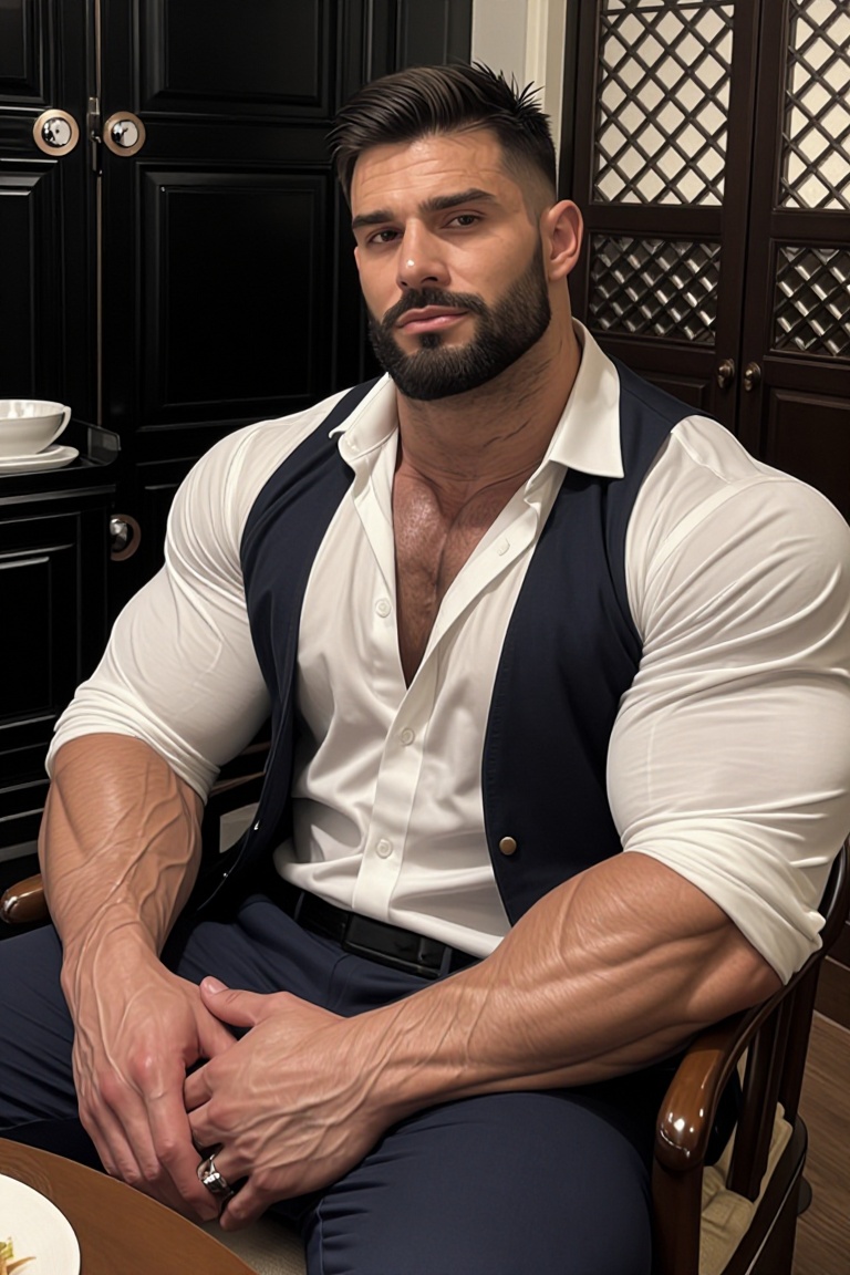 The image shows a man sitting at a table,  wearing a white shirt with the sleeves rolled up and a dark vest over it. He ha...