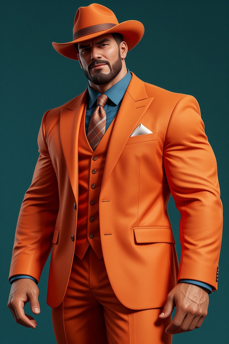 The image shows a man wearing a vibrant orange suit with a matching orange hat. He has a well-groomed beard and mustache,...