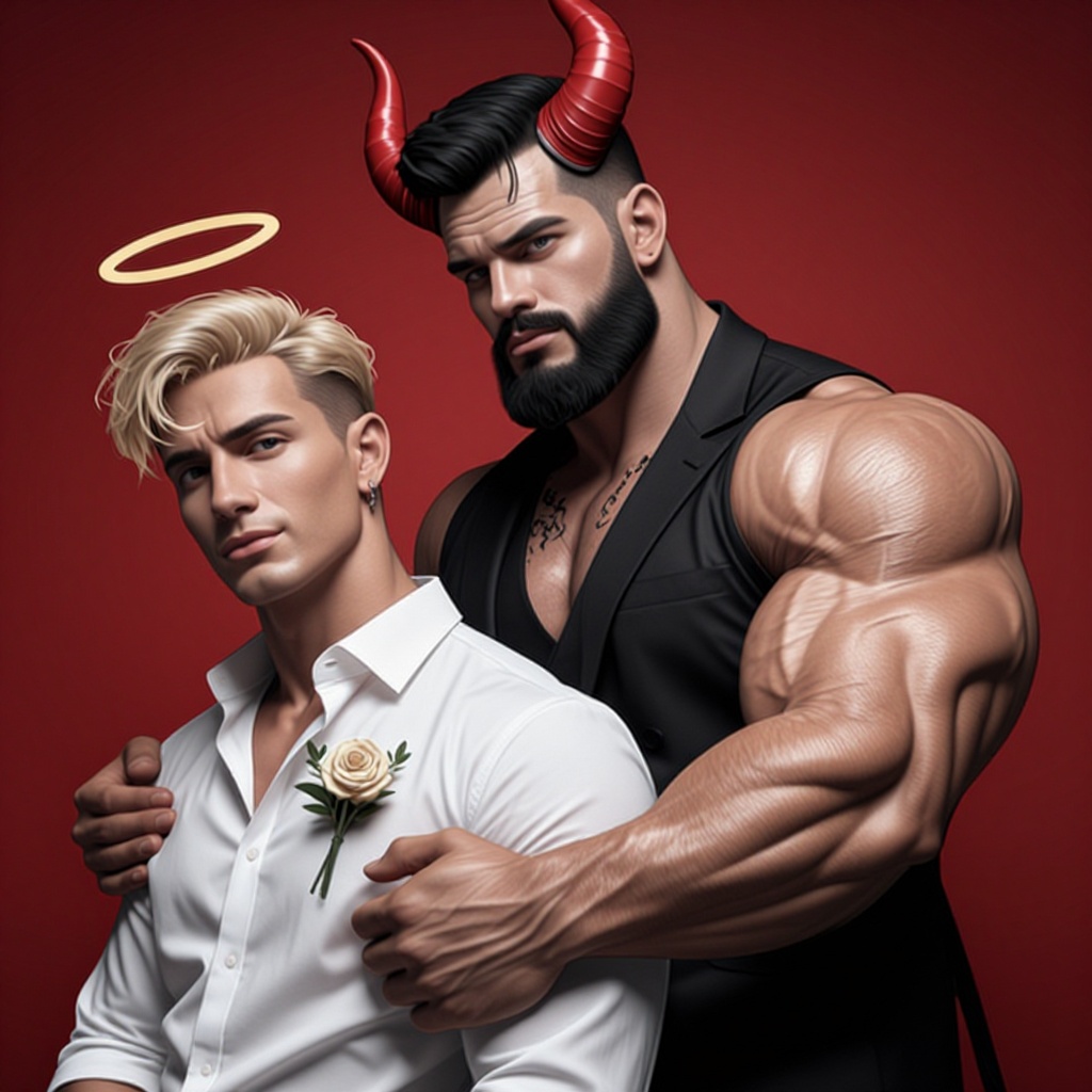 The image depicts two individuals standing close together,  with one person wearing a black suit and the other in a white...