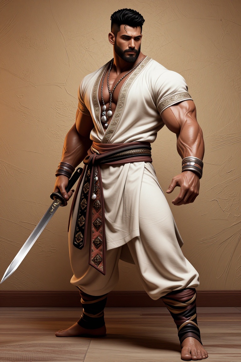 The image depicts a man dressed in traditional attire,  holding a sword. He is wearing a white tunic with rolled-up sleeve...