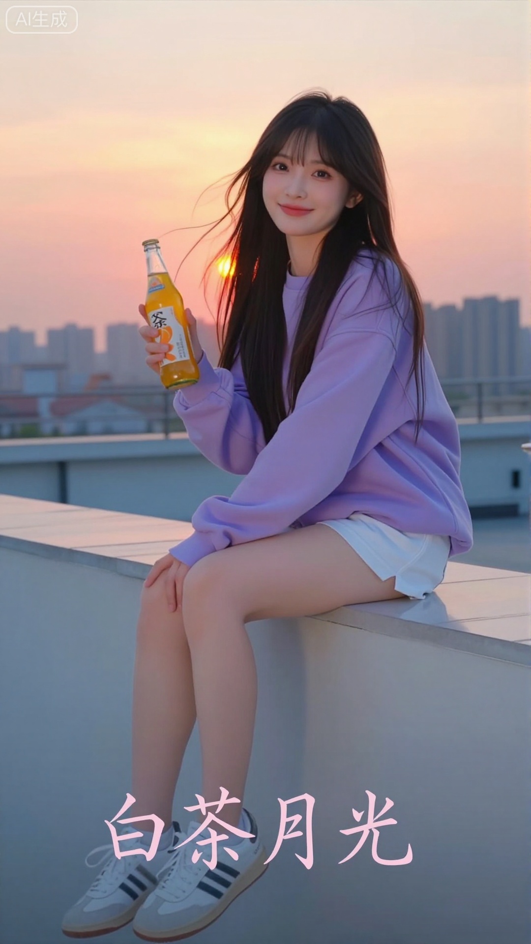 白茶月光清纯网红美女,现代天台落日风格,21岁氧气系少女,中分长直发+碎发修饰脸型,妆容清透裸妆（豆沙色唇泥+鼻尖淡腮红）,表情温柔浅笑,身着浅紫色宽松卫衣+白色运动短裤+白色运动鞋,坐在天台的白色栏杆上,身后是橘粉色落日晚霞+远处的城市剪影,晚风拂动发丝,手里拿着一瓶橘子汽水,光线是落日黄金柔光,带轻微光晕朦胧感,画面底部居中嵌入「白茶月光」四个纤细行书（浅紫色渐变,与卫衣呼应）,构图氛围感拉满,色彩柔和浪漫,网红落日写真质感,8K超清渲染