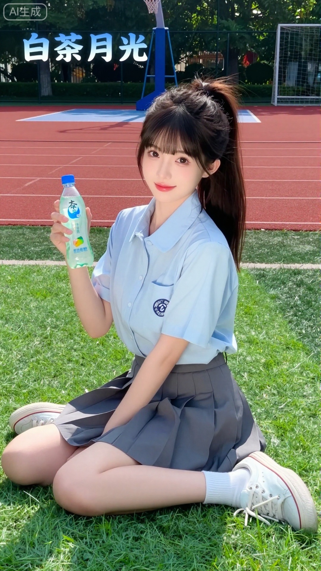 白茶月光清纯网红美女,现代校园风格,19岁左右初恋感少女,齐刘海+高马尾,颅顶蓬松显发量,妆容天生好气色（无眼影+浅粉唇釉）,眼神灵动,身着浅蓝宽松校服衬衫+灰色百褶裙+白色中筒袜+帆布鞋,坐在操场的绿色草坪上,身后是红色塑胶跑道+白色篮球架,阳光透过梧桐叶洒下斑驳光斑,手里拿着一瓶冰镇汽水,画面左上角嵌入「白茶月光」四个简约宋体字体（颜色为浅蓝渐变,与校服呼应）,构图清新活泼,色彩明亮不刺眼,网红校园写真质感,8K超清渲染