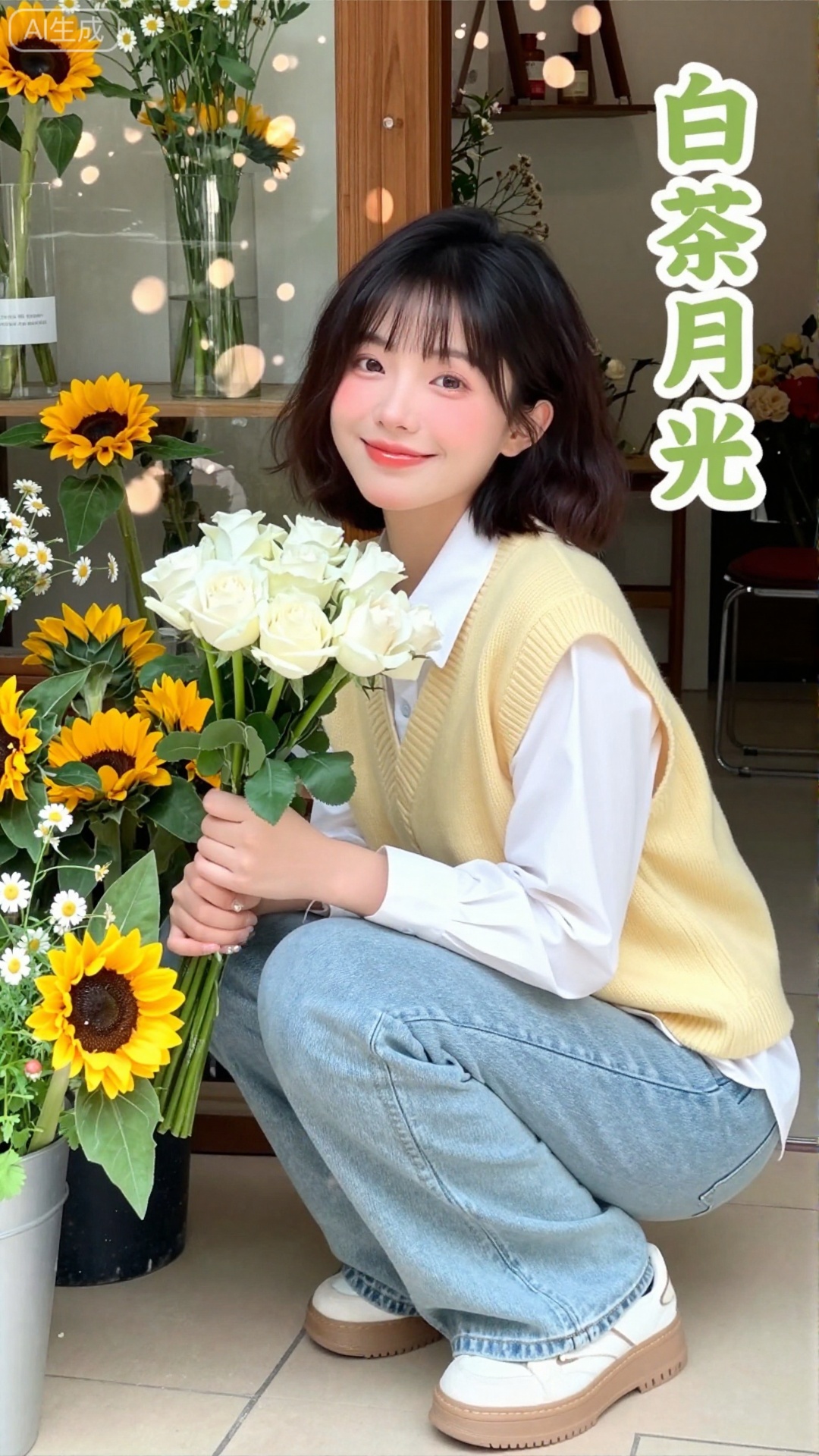 白茶月光清纯网红美女,现代花店甜氧风格,20岁淡颜少女,空气刘海+羊毛卷短发,发尾蓬松俏皮,妆容伪素颜（蜜桃色腮红+玻璃唇釉）,眼神清澈带笑,身着奶黄色针织马甲+白色衬衫+浅蓝色牛仔裤,蹲在摆满向日葵和小雏菊的花店门口,手里捧着一束白玫瑰,背景是原木色花架+透明玻璃窗,阳光透过花瓣洒下斑驳光斑,带轻微胶片柔光感,画面右上角嵌入「白茶月光」四个圆润楷体（奶黄色渐变,边缘浅白描边）,构图清新治愈,色彩明亮不刺眼,网红探店写真质感,8K超清渲染