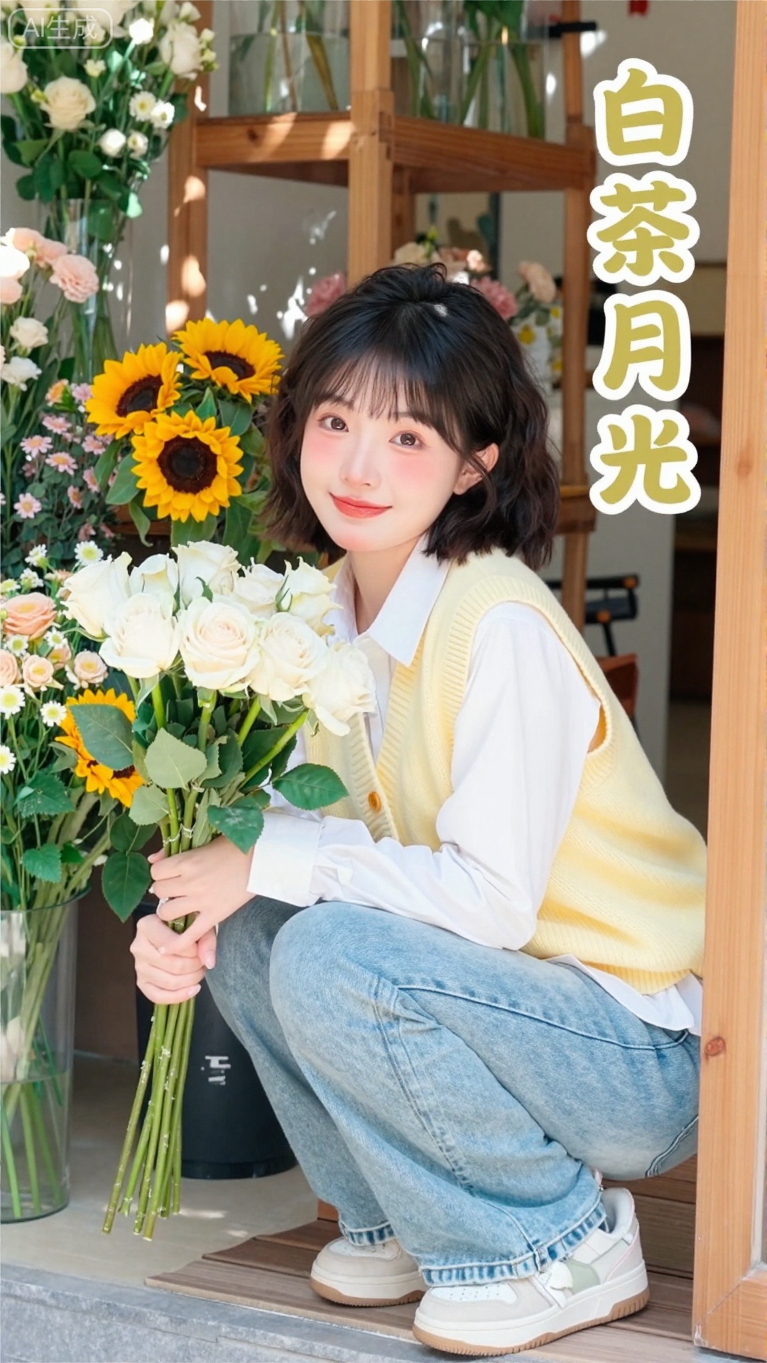 白茶月光清纯网红美女,现代花店甜氧风格,20岁淡颜少女,空气刘海+羊毛卷短发,发尾蓬松俏皮,妆容伪素颜（蜜桃色腮红+玻璃唇釉）,眼神清澈带笑,身着奶黄色针织马甲+白色衬衫+浅蓝色牛仔裤,蹲在摆满向日葵和小雏菊的花店门口,手里捧着一束白玫瑰,背景是原木色花架+透明玻璃窗,阳光透过花瓣洒下斑驳光斑,带轻微胶片柔光感,画面右上角嵌入「白茶月光」四个圆润楷体（奶黄色渐变,边缘浅白描边）,构图清新治愈,色彩明亮不刺眼,网红探店写真质感,8K超清渲染