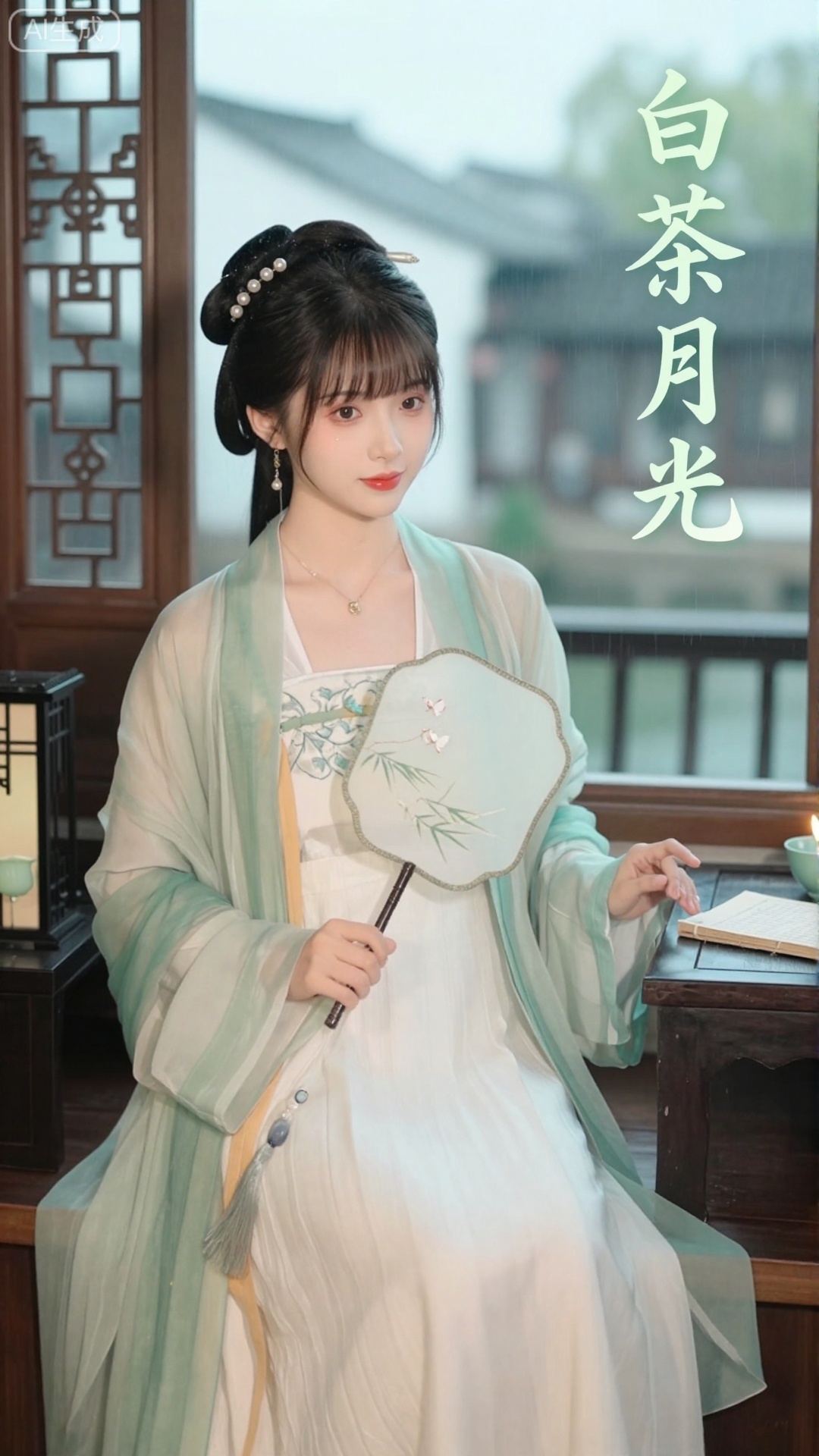 白茶月光古风清纯美女,宋代闺阁风格,18岁淡颜少女,齐刘海+双丫髻,发间点缀珍珠发簪,妆容清透古典（胭脂淡扫+唇脂浅红）,身着月白襦裙+浅绿褙子,坐在雕花窗棂旁的妆台前,手里拿着团扇轻扇,窗外是江南烟雨朦胧的青瓦白墙,桌上放着青瓷茶杯+线装古籍,光线是室内柔和烛光,带轻微水墨晕染感,画面右上角嵌入「白茶月光」四个秀丽楷书（月白渐变,与襦裙呼应）,构图温婉雅致,色彩低饱和古风,网红古风写真质感,8K超清渲染