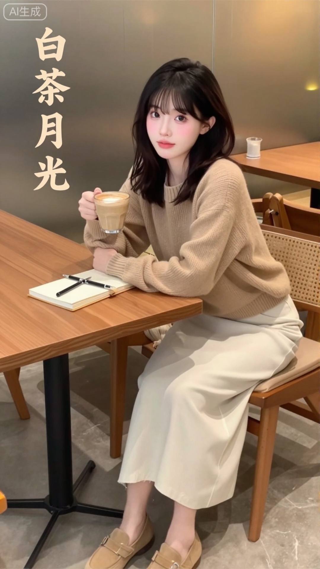 白茶月光清纯网红美女,现代咖啡馆风格,21岁淡颜系少女,法式八字刘海+齐肩锁骨发,发尾微卷带蓬松空气感,妆容伪素颜（淡粉腮红扫在苹果肌+裸色唇泥）,眼神慵懒柔和,身着燕麦色宽松毛衣+米白色直筒长裙+浅棕色乐福鞋,手肘撑在木质桌面上,手里握着一杯热拿铁,桌上放着复古笔记本+一支钢笔,背景是暖黄灯光的咖啡馆角落+玻璃窗上的薄雾,光线是室内柔和暖光,带轻微胶片复古感,画面左下角嵌入「白茶月光」四个温柔楷体字体（奶咖色渐变,与毛衣配色呼应）,构图偏右,色彩低饱和治愈,网红探店写真质感,8K超清渲染版本5（公园野餐感）