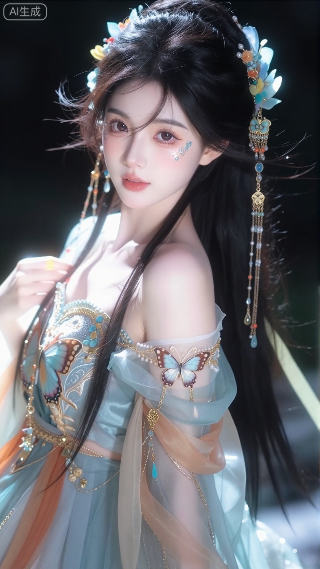 片摄影,对焦模糊,强侧光,高饱和低明度,配色淡雅,高曝过曝,暗调,伦勃朗光,强烈明暗对比,高反差。蝶妖,蝶翼纹路,妖冶灵动,记忆点五官（眼周嵌蝶翼亮片）,皮肤白皙,美艳绝尘。幻境蝶谷场景,蝶翼刺绣鎏金纱衣,蝶形金饰垂彩宝流苏,彩色丝带缠绕发间,层次饱满,妖气氤氲。情绪氛围感拉满,大师构图,高清人像,专业人像摄影风格,电影质感胶片,印象风格,朦胧诗意,独特颗粒感,虚焦光影斑驳。 21岁高颜值大眼睛胶片摄影,对焦模糊,高曝,过曝,暗调,伦勃朗光,强烈明暗对比,高反差,容颜俊美,绝世美女,女生有着白皙冷白皮,皮肤光滑透亮。她黑色的超长直发,发丝吹起,气质妖冶又羞涩。精致自然妆容,高光闪粉,她服饰精致繁复华丽有设计感,柔软布料,披帛,绒花发饰,垂髻,额间珍珠淡彩额纹,碎发丝,肌理质感,情绪氛围感拉满,奇特视角,胶片颗粒感,慢快门,朦胧美学,层次感