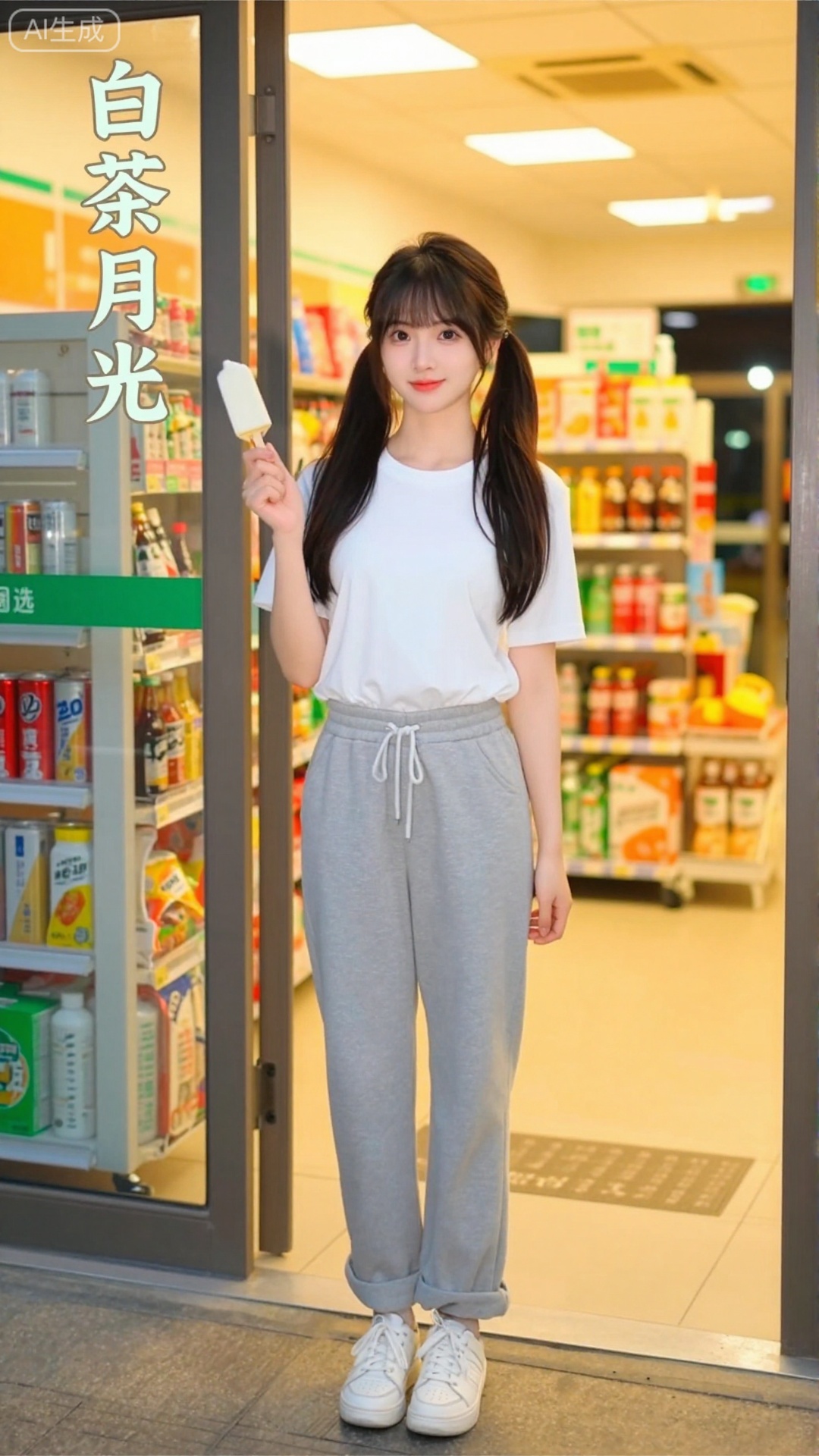 白茶月光清纯网红美女,现代便利店元气风格,19岁初恋感少女,齐刘海+高双马尾,颅顶蓬松显发量,妆容天生好气色（无眼影+西柚色唇釉）,眼神灵动活泼,身着白色短袖T恤+浅灰色运动裤+白色帆布鞋,站在暖光便利店门口,手里拿着一支冰淇淋,背景是便利店的玻璃门+货架上的零食饮料+街边的路灯,光线是傍晚暖黄灯光,带轻微颗粒感,画面左上角嵌入「白茶月光」四个简约宋体（白色渐变,边缘浅灰描边）,构图元气满满,色彩温暖治愈,网红日常随拍质感,8K超清渲染