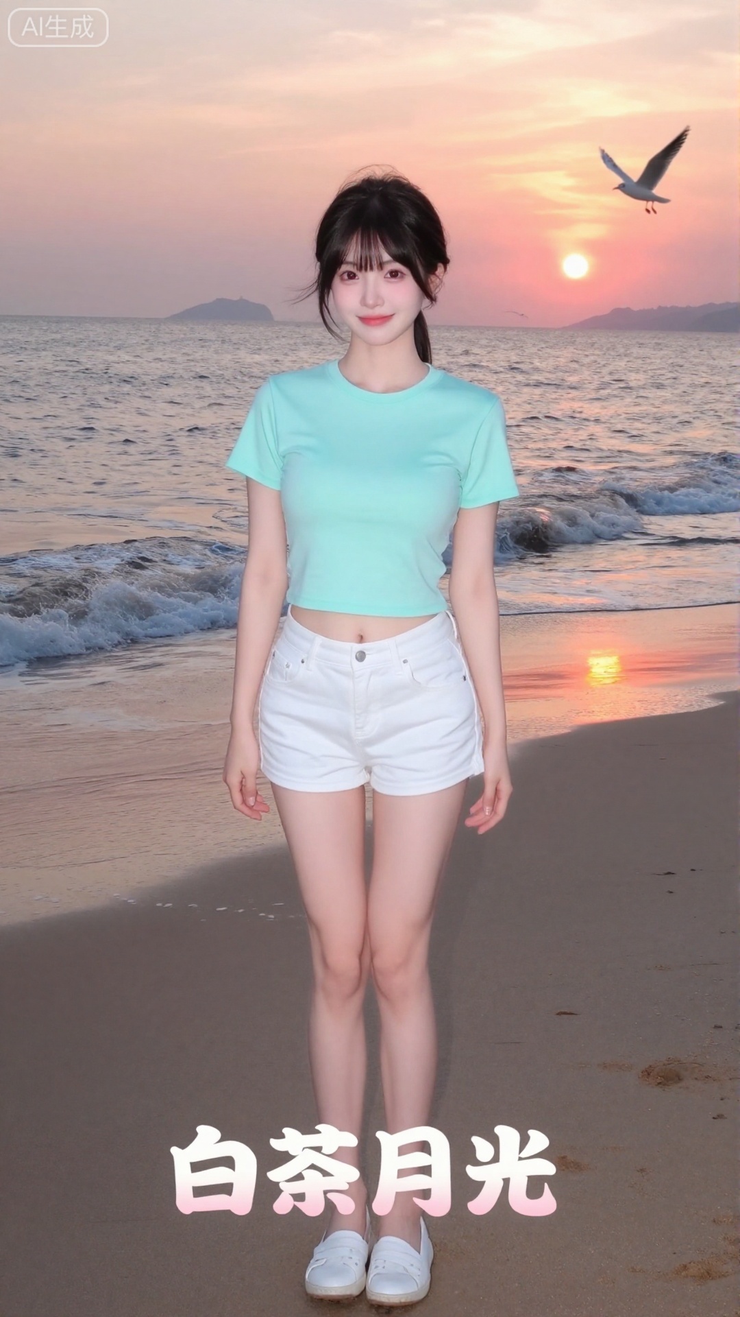 白茶月光清纯网红美女,现代海边风格,20岁左右氧气系少女,八字刘海+低马尾,碎发自然垂落脸颊,妆容清透裸妆（鼻尖淡淡腮红+豆沙色唇泥）,表情温柔浅笑,身着薄荷绿短款T恤+白色高腰牛仔短裤+小白鞋,赤脚踩在细软的沙滩上,身后是日落时分的橘粉色海面,海浪轻拍脚踝,远处有白色海鸥飞过,光线是落日黄金柔光,带轻微胶片颗粒感,画面底部居中嵌入「白茶月光」四个圆润楷书字体（颜色为奶白渐变,边缘带淡粉描边）,构图开阔,色彩柔和治愈,网红旅拍质感,8K超清渲染