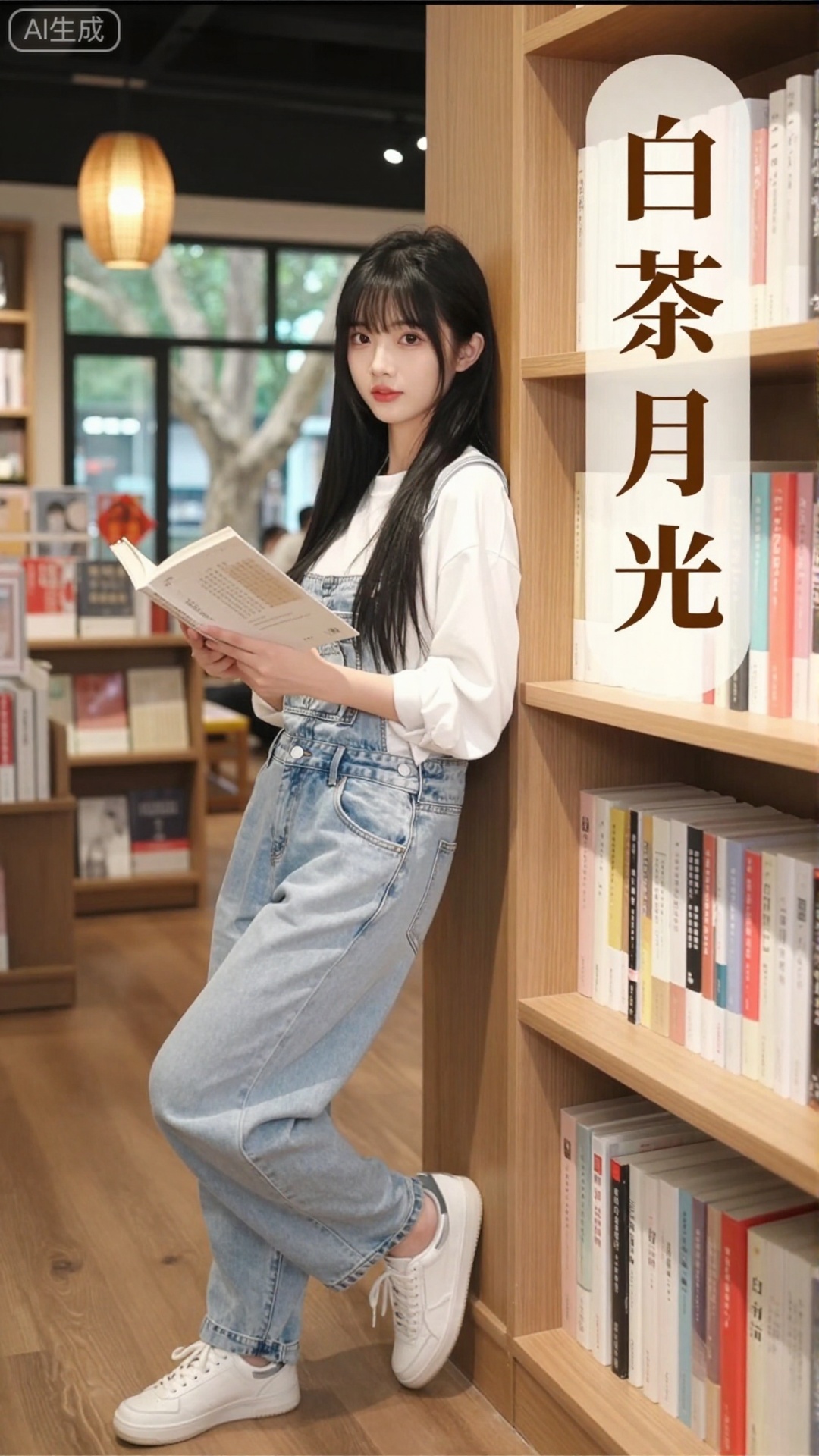 白茶月光清纯网红美女,现代书店文艺风格,19岁初恋感少女,齐刘海+黑长直（发丝柔顺有光泽）,妆容淡到几乎看不见（仅唇色提亮）,眼神清澈专注,身着白色宽松衬衫+浅蓝色牛仔背带裤+小白鞋,靠在摆满书籍的木质书架旁,手里捧着一本翻开的文学书,背景是暖光照明的书店+复古吊灯+窗外的梧桐树荫,光线是室内漫射柔光,带轻微颗粒感,画面右侧竖排嵌入「白茶月光」四个简约宋体字体（深棕色渐变,与书架呼应）,构图文艺安静,色彩低饱和复古,网红文艺写真质感,8K超清渲染