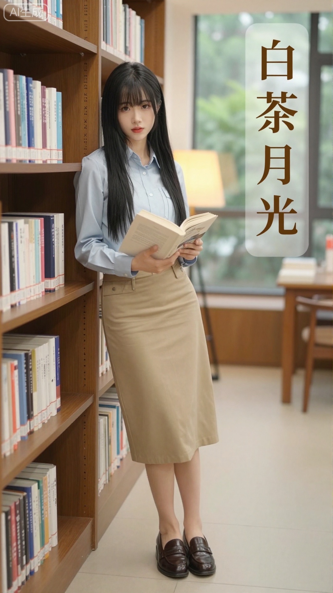 白茶月光清纯网红美女,现代图书馆文艺风格,20岁清冷系少女,八字刘海+黑长直,发丝柔顺有光泽,妆容淡到几乎看不见（仅唇色提亮）,眼神专注安静,身着浅蓝色衬衫+卡其色半身裙+棕色乐福鞋,靠在图书馆的木质书架旁,手里捧着一本翻开的书,背景是整齐的书籍+暖光台灯+窗外的绿植,光线是室内柔和漫射光,带轻微水雾朦胧感,画面右侧竖排嵌入「白茶月光」四个纤细楷体（深棕色渐变,与书架呼应）,构图文艺安静,色彩低饱和复古,网红文艺写真质感,8K超清渲染