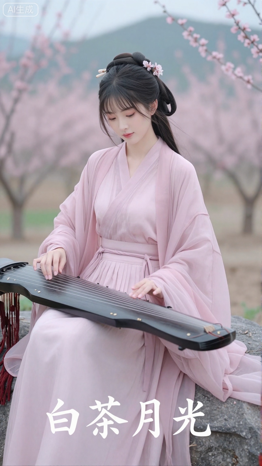 白茶月光古风清纯美女,魏晋林下之风,19岁氧气少女,松松挽起的双环髻+碎发垂落,发间别着一枝桃花,妆容淡若无妆（仅唇色轻染）,身着浅粉交领襦裙+素纱广袖,坐在春日桃林的青石上抚琴,落英缤纷飘落在琴弦,背景是漫山桃花+远处青山,光线是春日柔和柔光,带轻微水雾朦胧感,画面底部居中嵌入「白茶月光」四个纤细行书（浅粉渐变,与桃花呼应）,构图清新空灵,色彩柔和治愈,网红古风旅拍质感,8K超清渲染